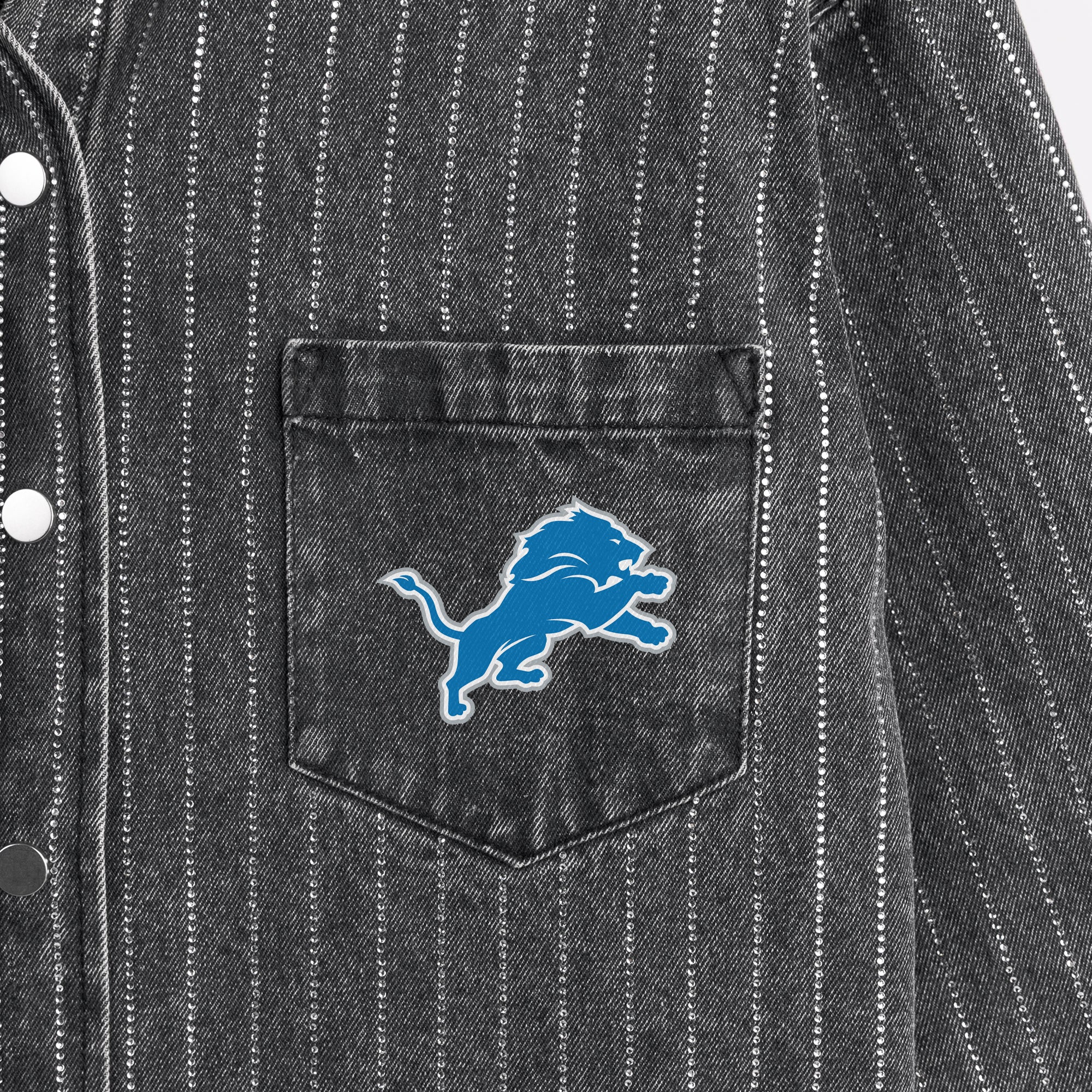 DETROIT LIONS STYLES THE LIMIT MICRO-RHINESTONE DENIM OVERSHIRT IN BLACK