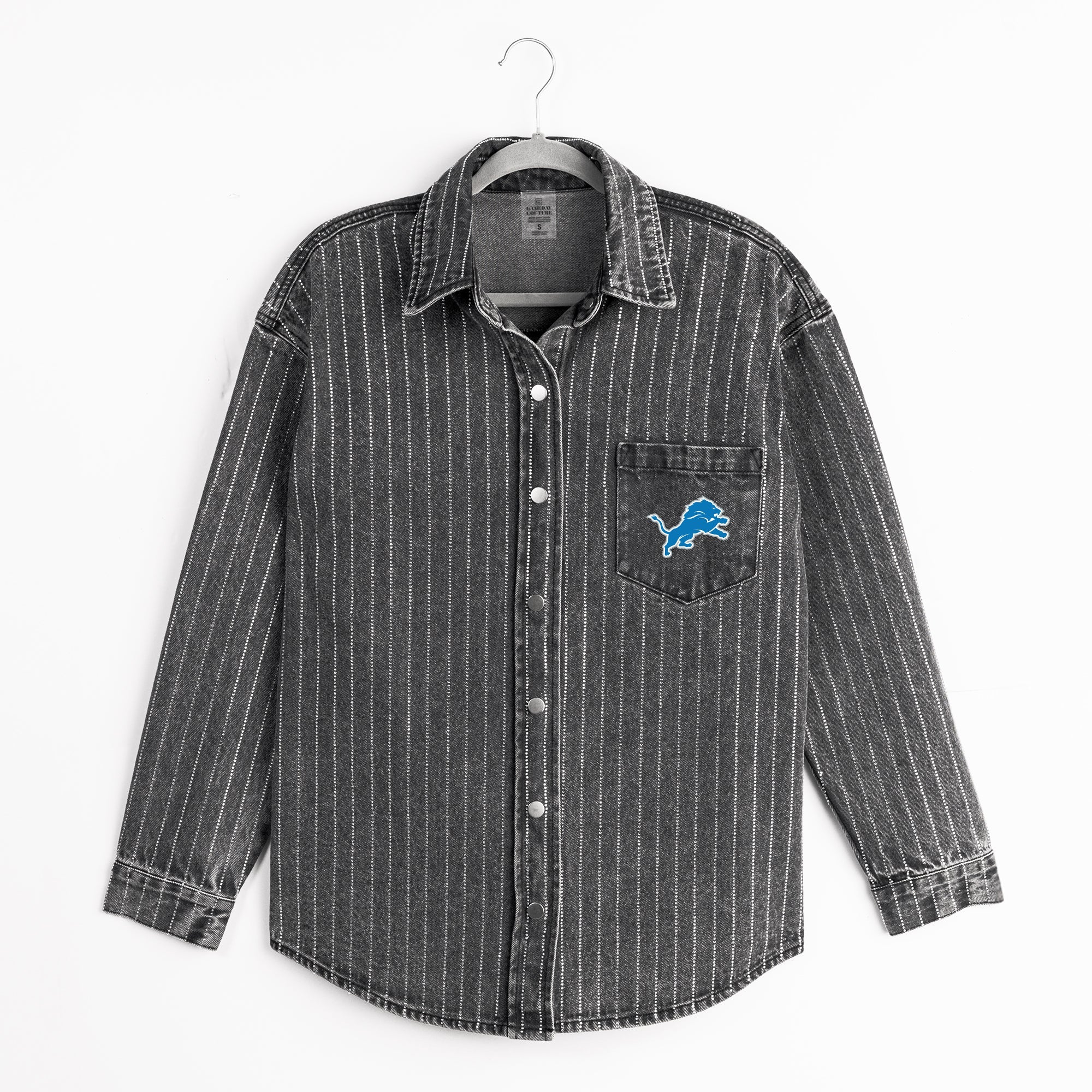 DETROIT LIONS STYLES THE LIMIT MICRO-RHINESTONE DENIM OVERSHIRT IN BLACK