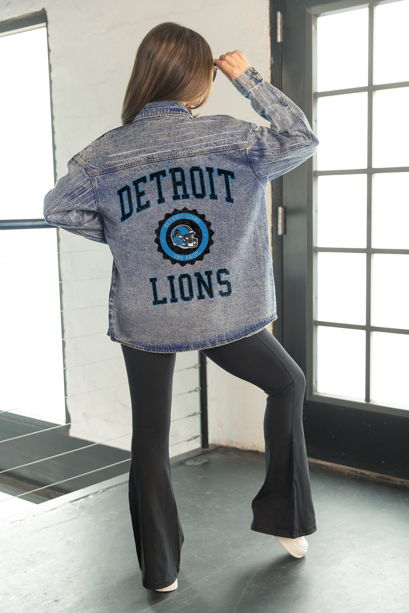 DETROIT LIONS STYLES THE LIMIT MICRO-RHINESTONE DENIM OVERSHIRT