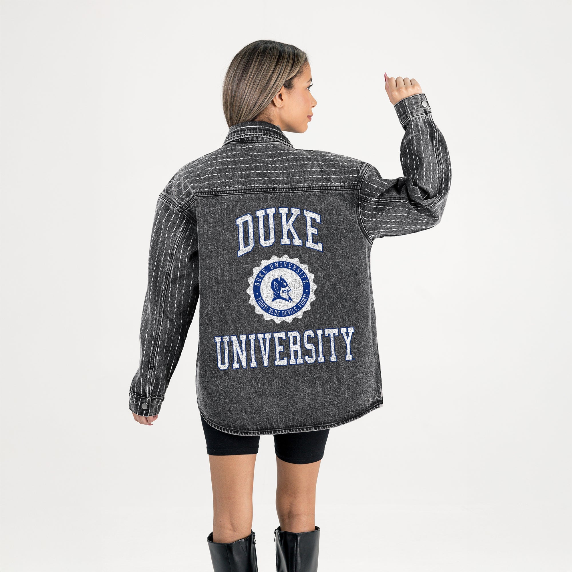 DUKE BLUE DEVILS STYLES THE LIMIT MICRO-RHINESTONE DENIM OVERSHIRT IN BLACK