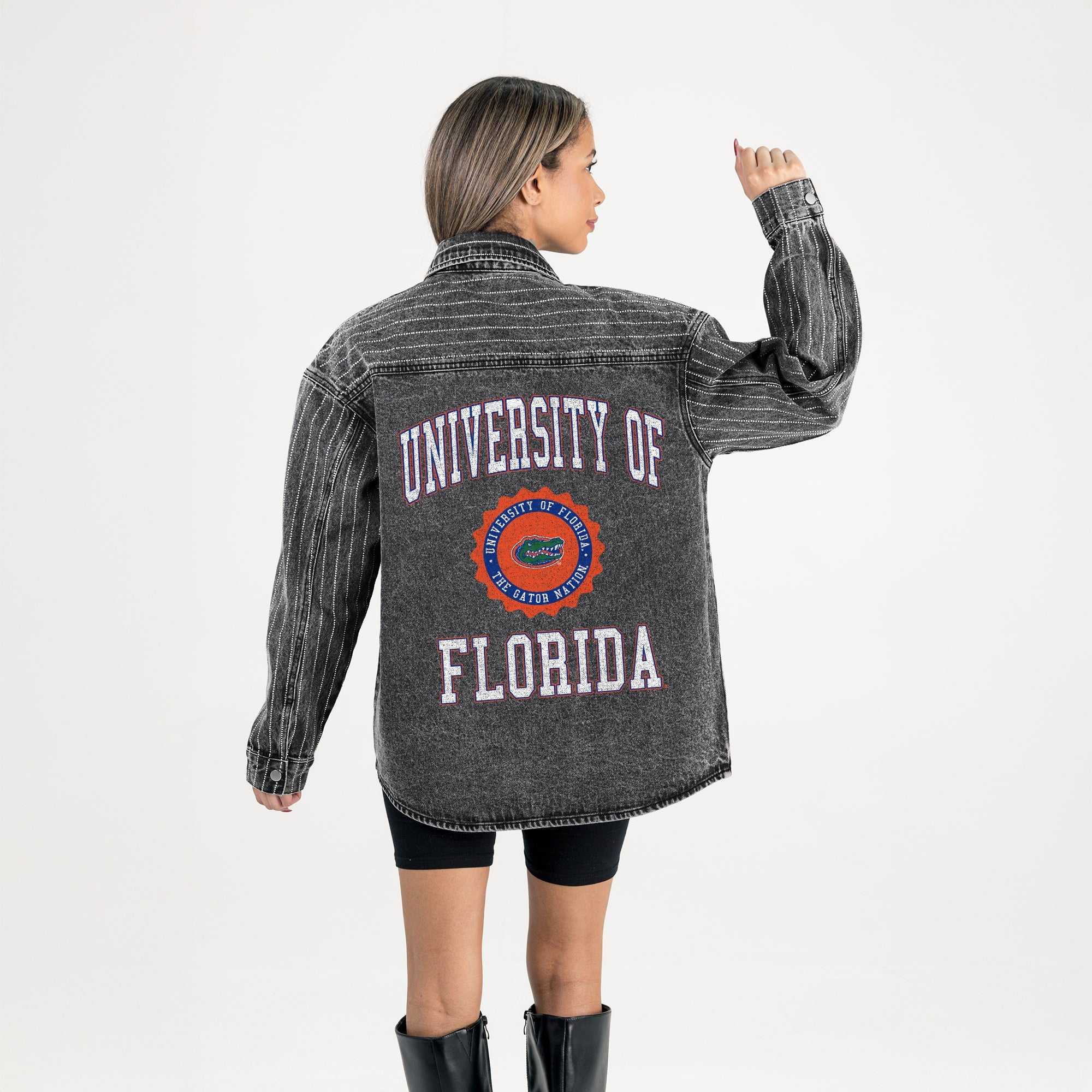 FLORIDA GATORS STYLES THE LIMIT MICRO-RHINESTONE DENIM OVERSHIRT IN BLACK