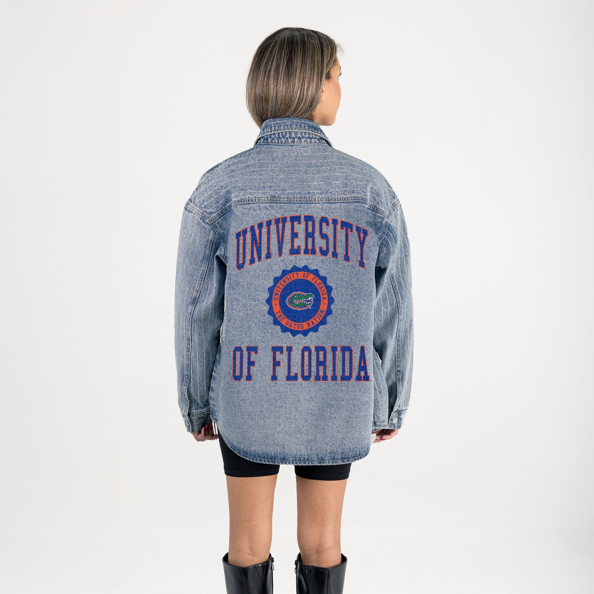 FLORIDA GATORS STYLES THE LIMIT MICRO-RHINESTONE DENIM OVERSHIRT