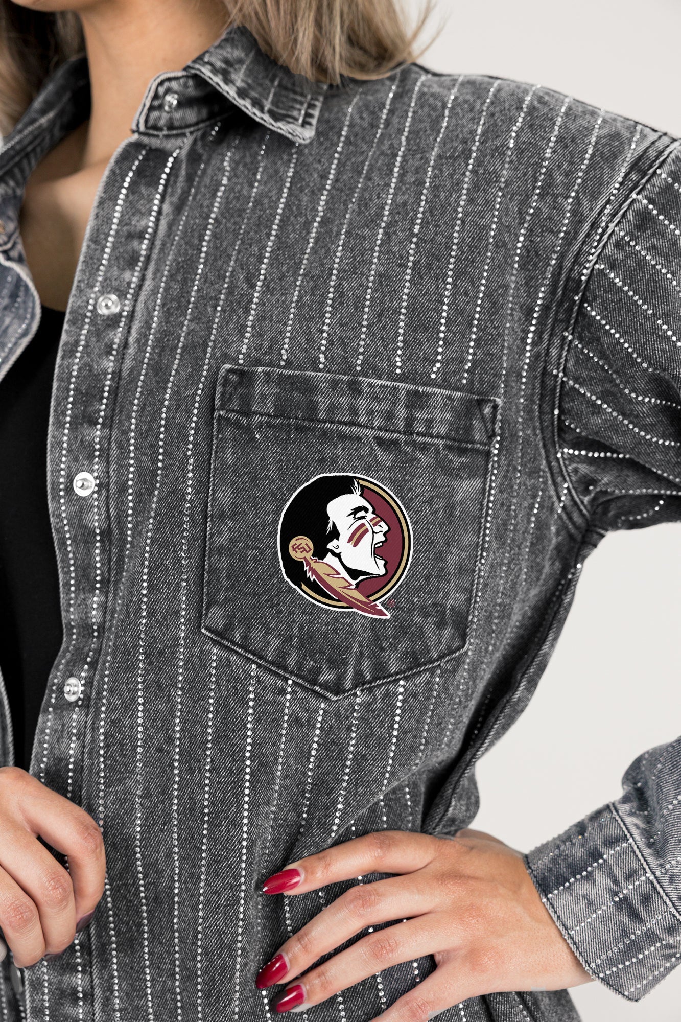 FLORIDA STATE SEMINOLES STYLES THE LIMIT MICRO-RHINESTONE DENIM OVERSHIRT IN BLACK