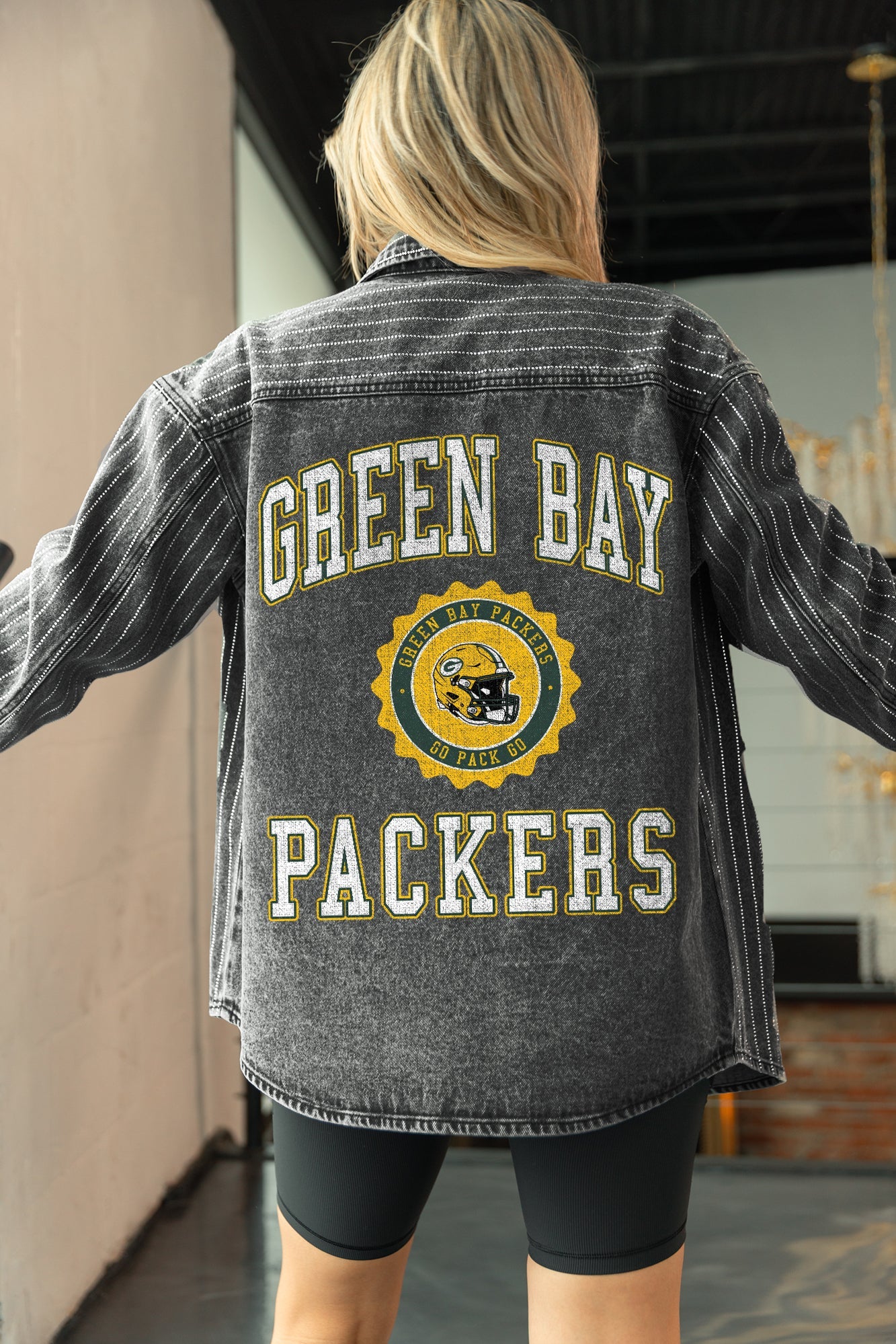 GREEN BAY PACKERS STYLES THE LIMIT MICRO-RHINESTONE DENIM OVERSHIRT IN BLACK