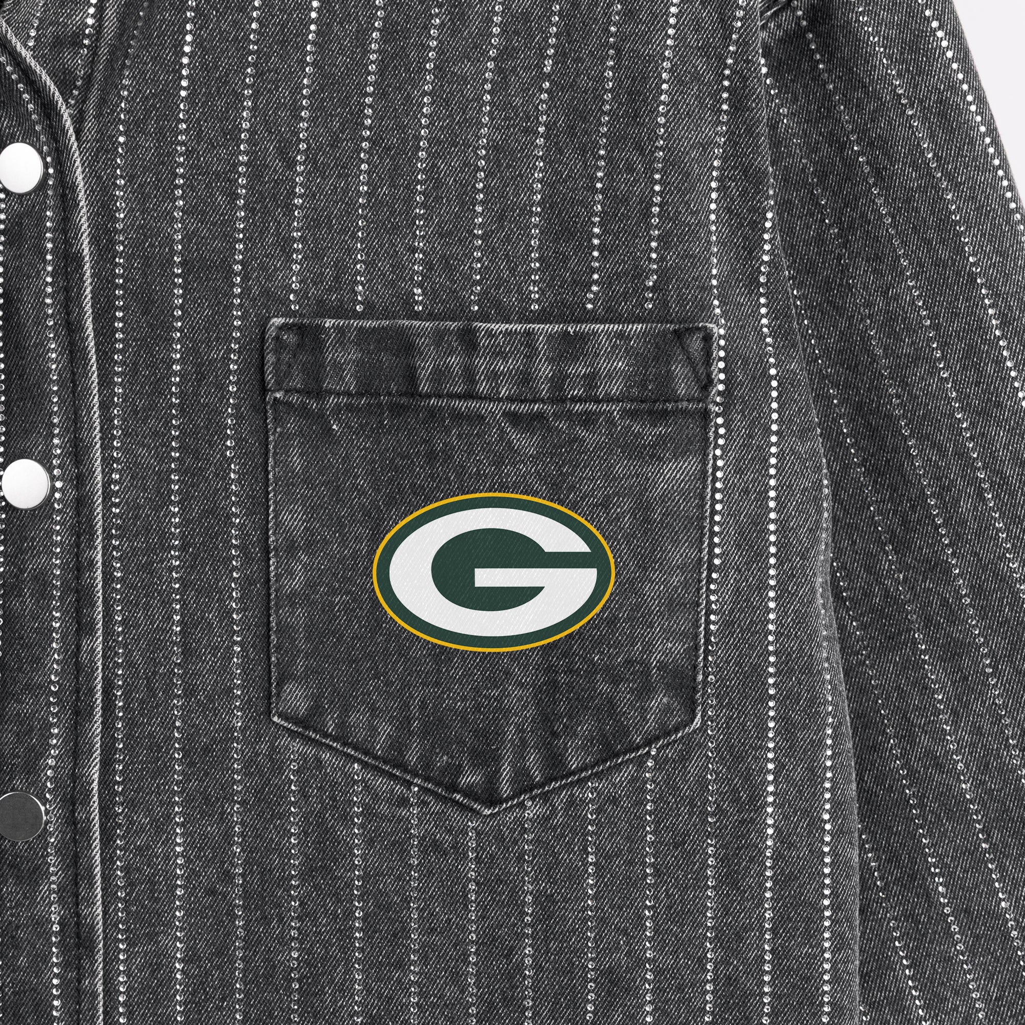 GREEN BAY PACKERS STYLES THE LIMIT MICRO-RHINESTONE DENIM OVERSHIRT IN BLACK