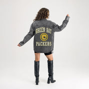 GREEN BAY PACKERS STYLES THE LIMIT MICRO-RHINESTONE DENIM OVERSHIRT IN BLACK