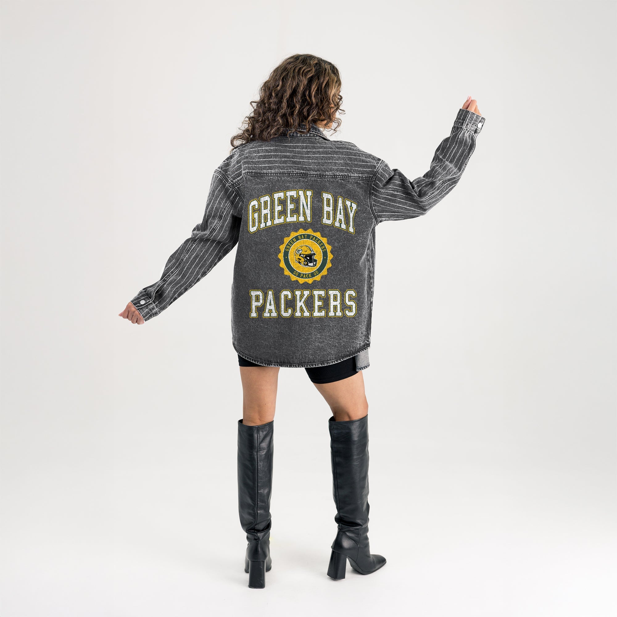 GREEN BAY PACKERS STYLES THE LIMIT MICRO-RHINESTONE DENIM OVERSHIRT IN BLACK
