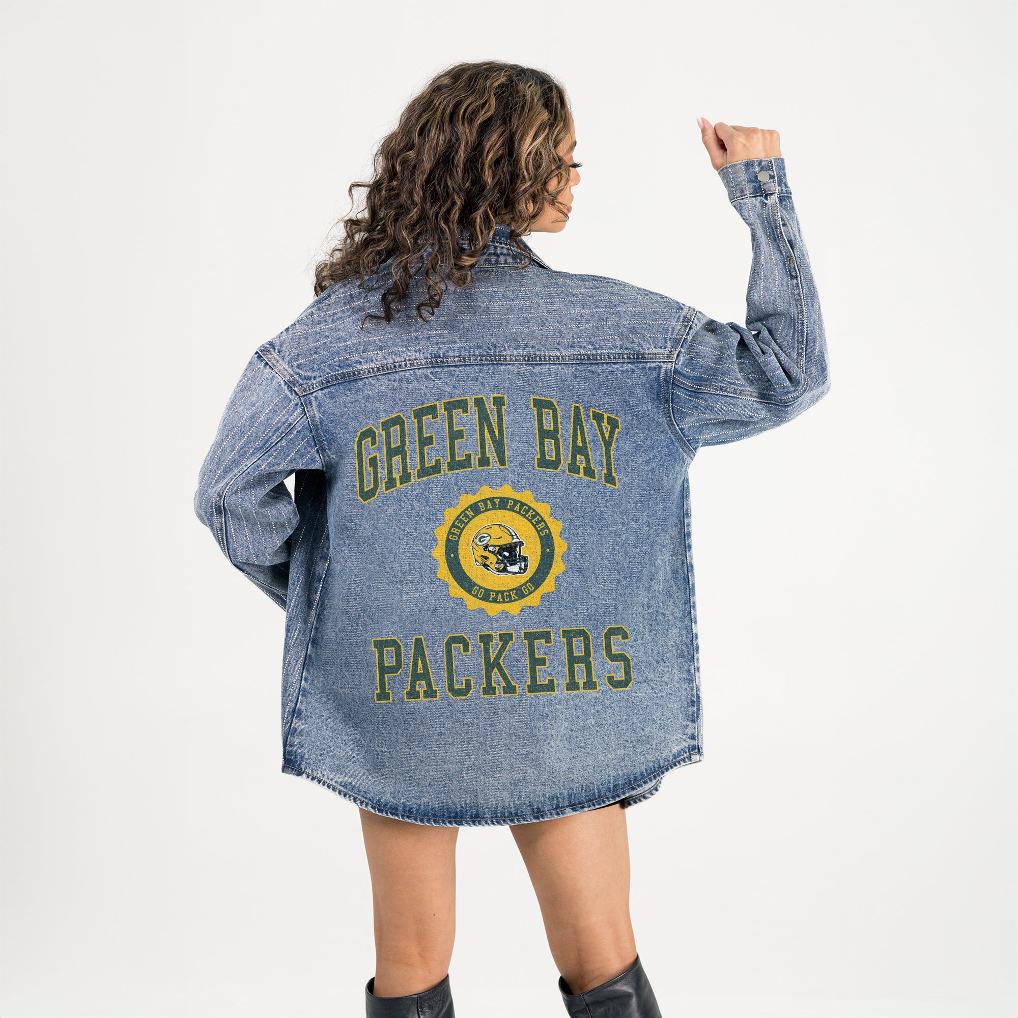 GREEN BAY PACKERS STYLES THE LIMIT MICRO-RHINESTONE DENIM OVERSHIRT