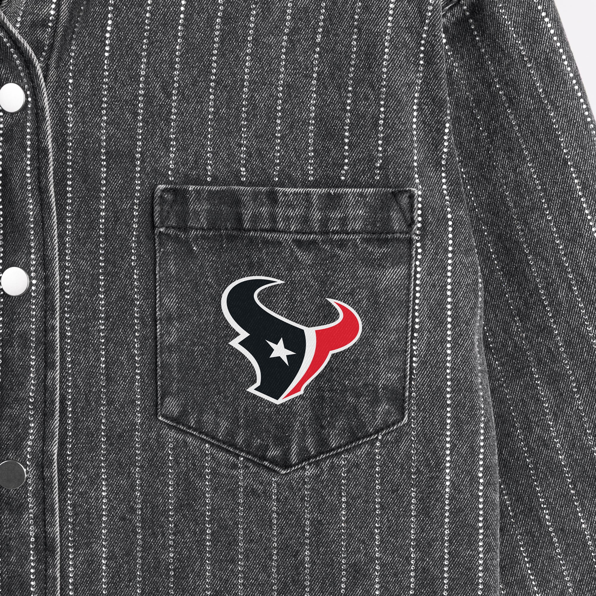 HOUSTON TEXANS STYLES THE LIMIT MICRO-RHINESTONE DENIM OVERSHIRT IN BLACK