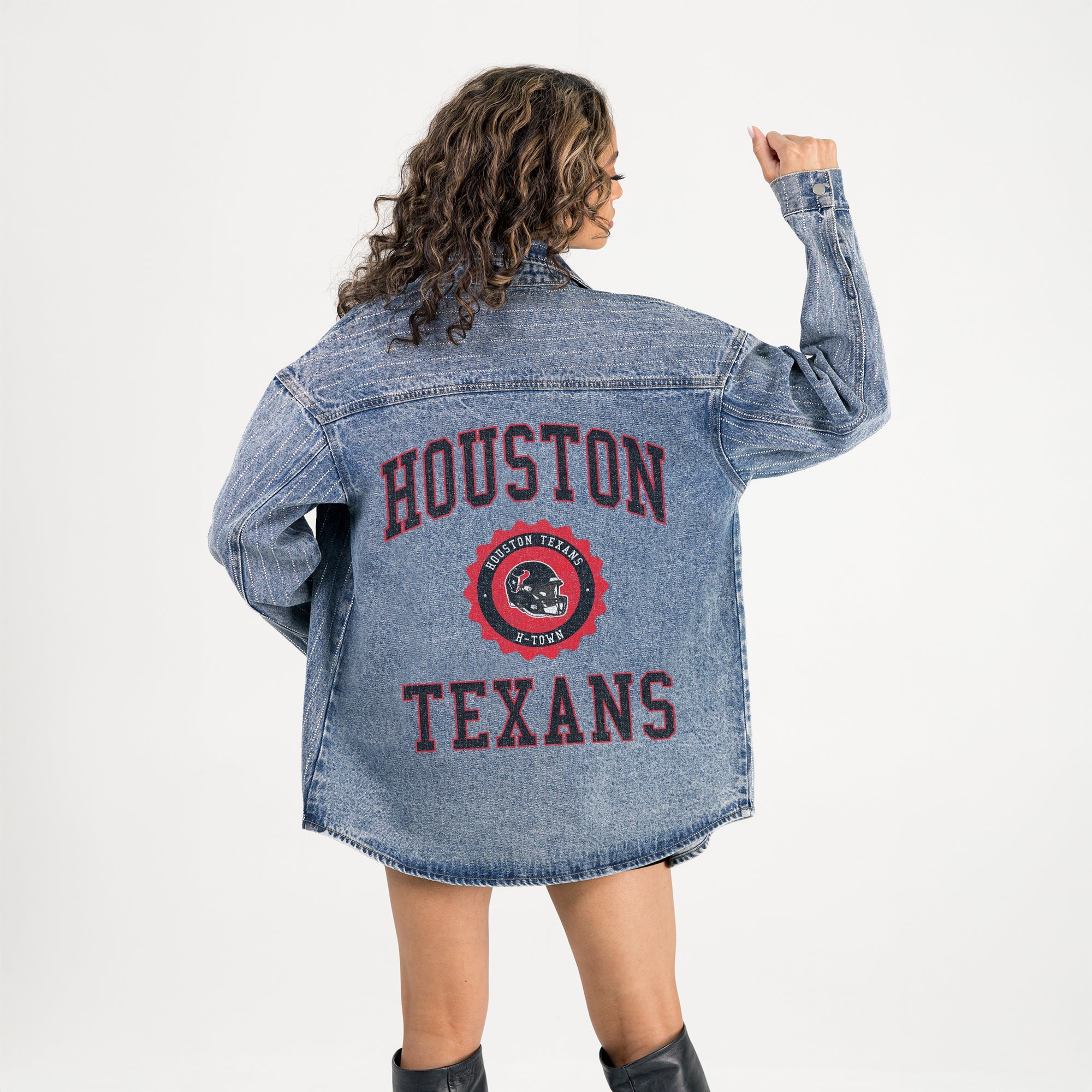 HOUSTON TEXANS STYLES THE LIMIT MICRO-RHINESTONE DENIM OVERSHIRT