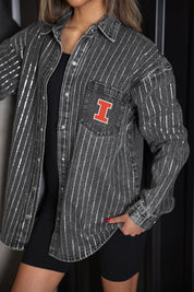 ILLINOIS FIGHTING ILLINI STYLES THE LIMIT MICRO-RHINESTONE DENIM OVERSHIRT IN BLACK
