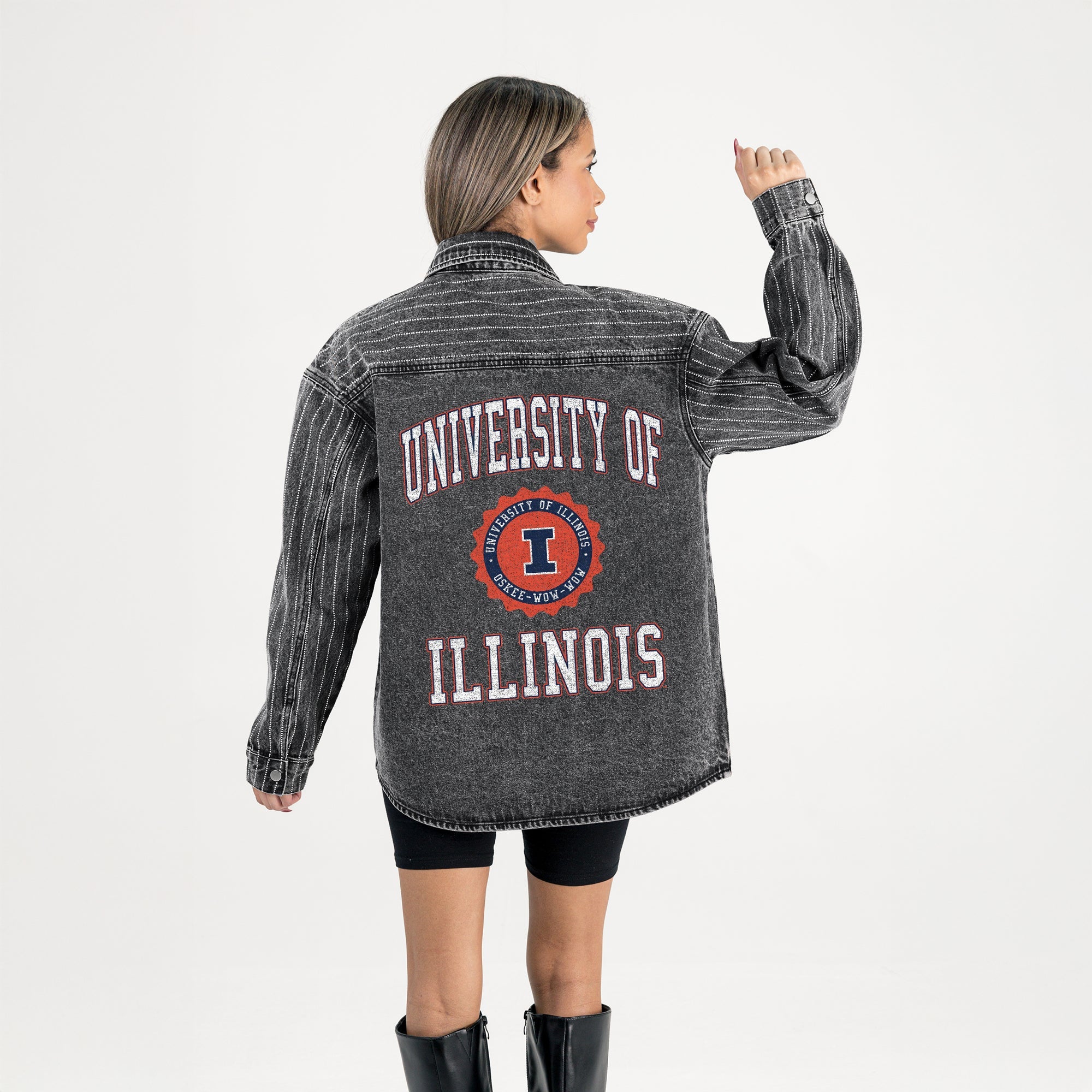 ILLINOIS FIGHTING ILLINI STYLES THE LIMIT MICRO-RHINESTONE DENIM OVERSHIRT IN BLACK
