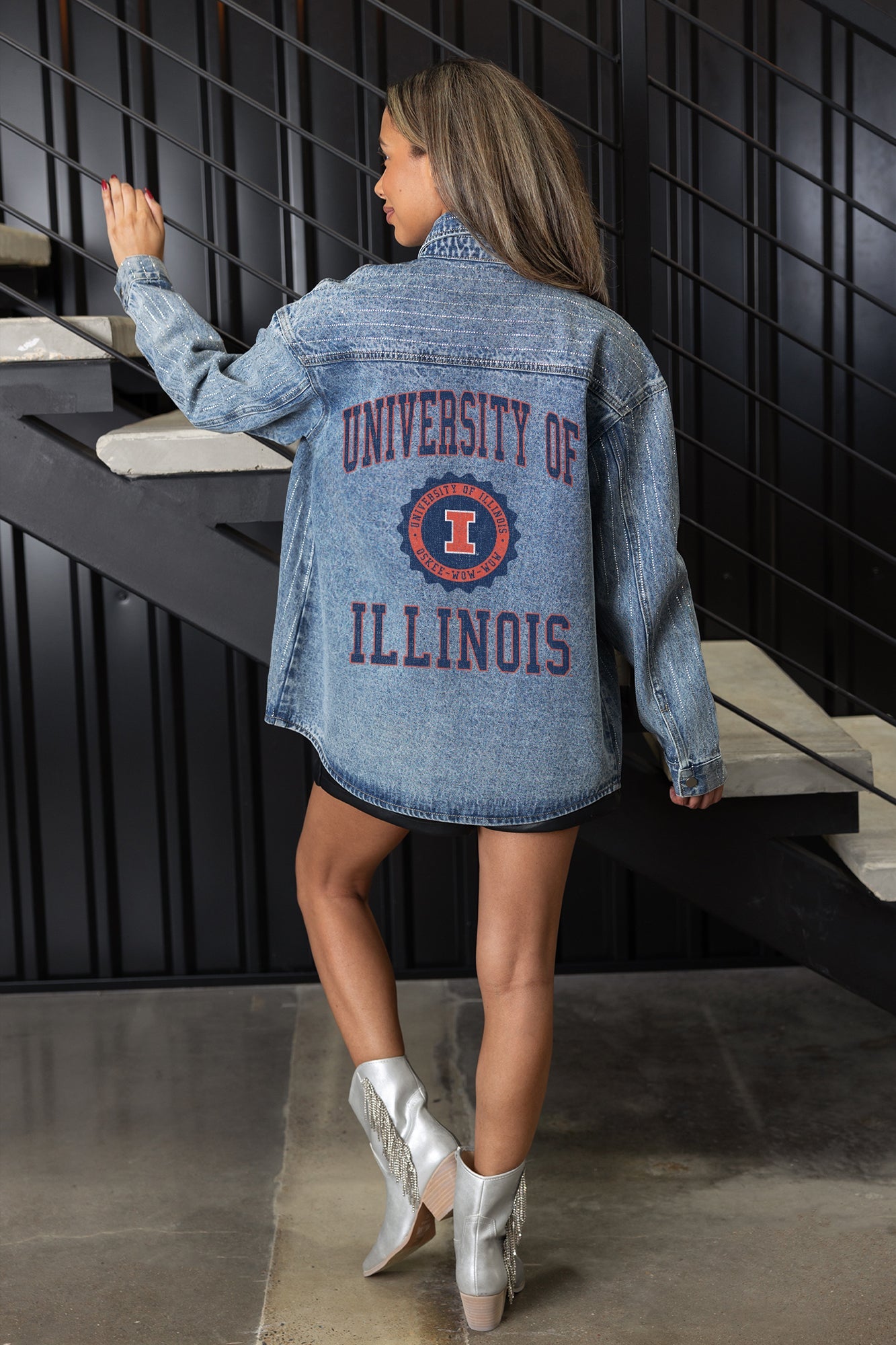 ILLINOIS FIGHTING ILLINI STYLES THE LIMIT MICRO-RHINESTONE DENIM OVERSHIRT