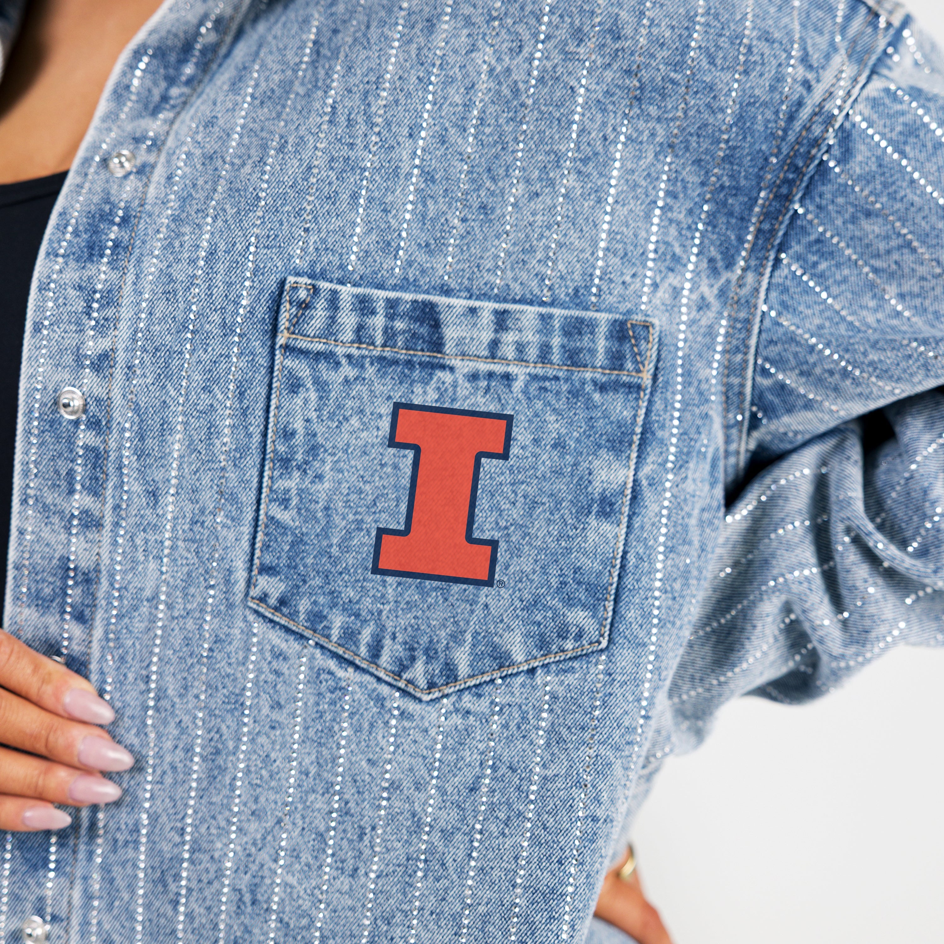 ILLINOIS FIGHTING ILLINI STYLES THE LIMIT MICRO-RHINESTONE DENIM OVERSHIRT