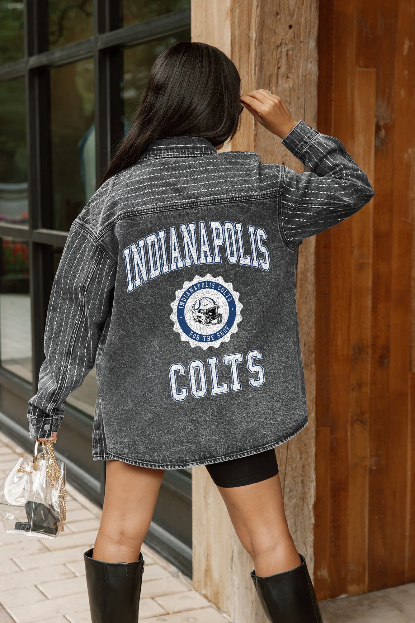 INDIANAPOLIS COLTS STYLES THE LIMIT MICRO-RHINESTONE DENIM OVERSHIRT IN BLACK