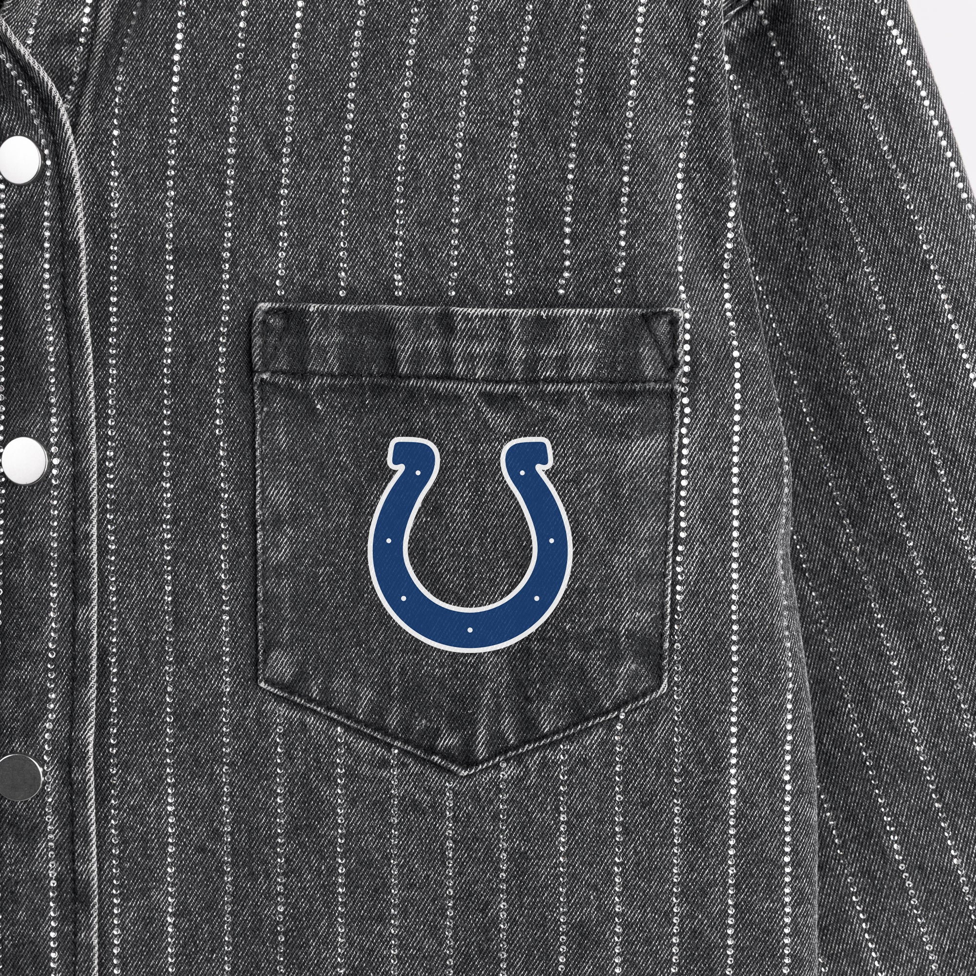 INDIANAPOLIS COLTS STYLES THE LIMIT MICRO-RHINESTONE DENIM OVERSHIRT IN BLACK
