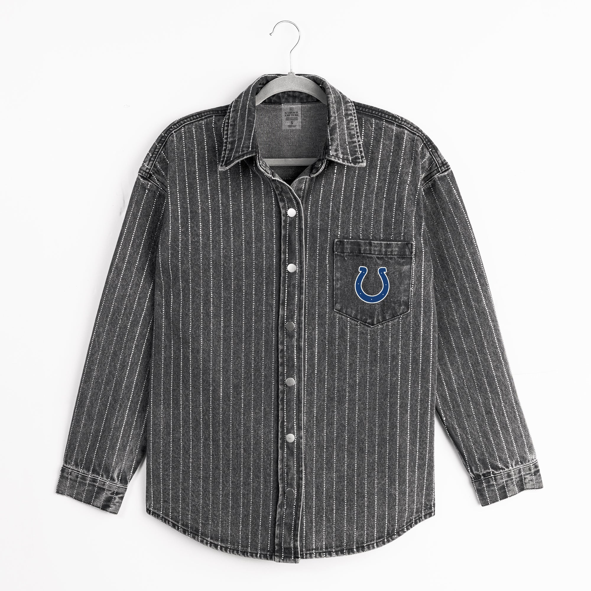 INDIANAPOLIS COLTS STYLES THE LIMIT MICRO-RHINESTONE DENIM OVERSHIRT IN BLACK