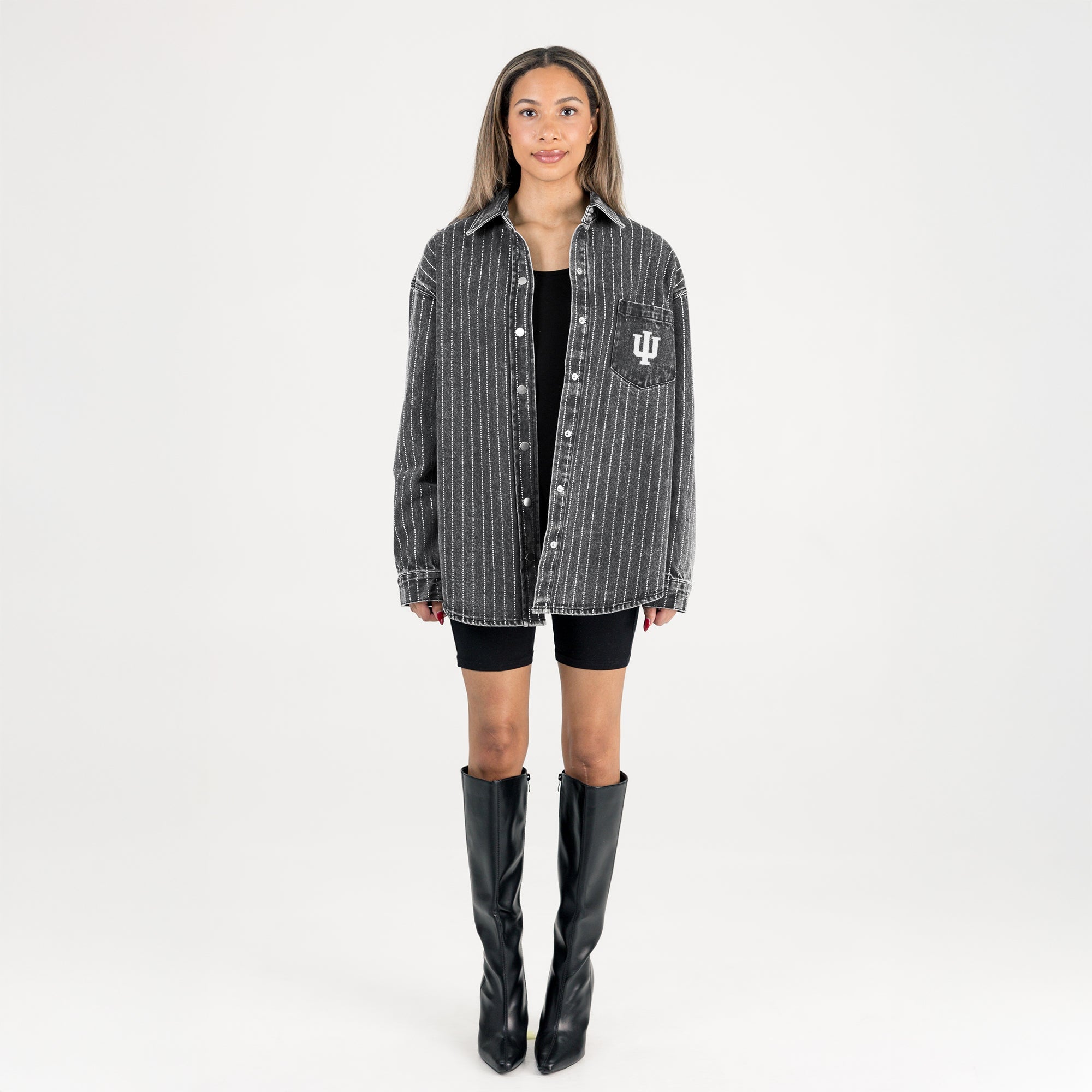INDIANA HOOSIERS STYLES THE LIMIT MICRO-RHINESTONE DENIM OVERSHIRT IN BLACK