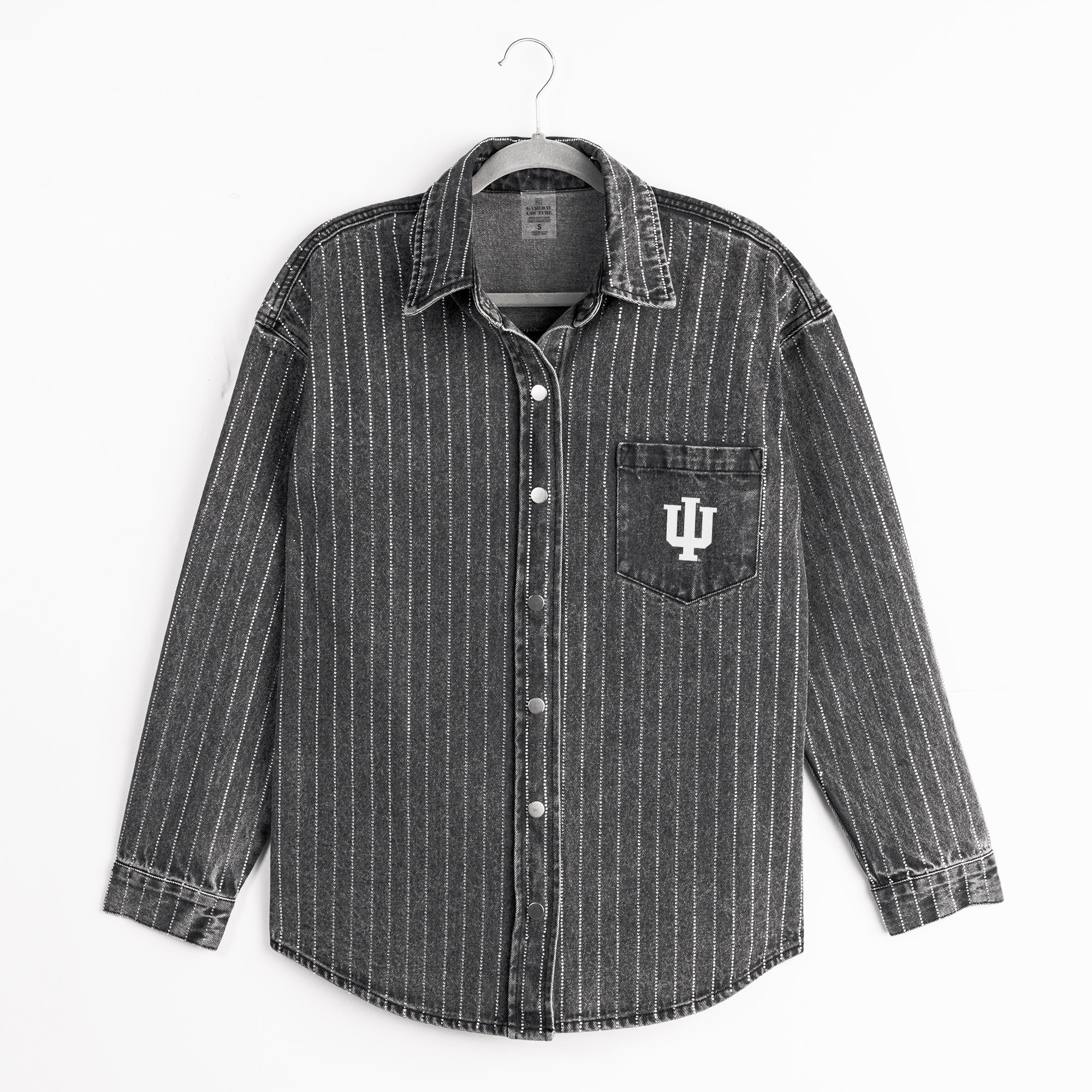 INDIANA HOOSIERS STYLES THE LIMIT MICRO-RHINESTONE DENIM OVERSHIRT IN BLACK