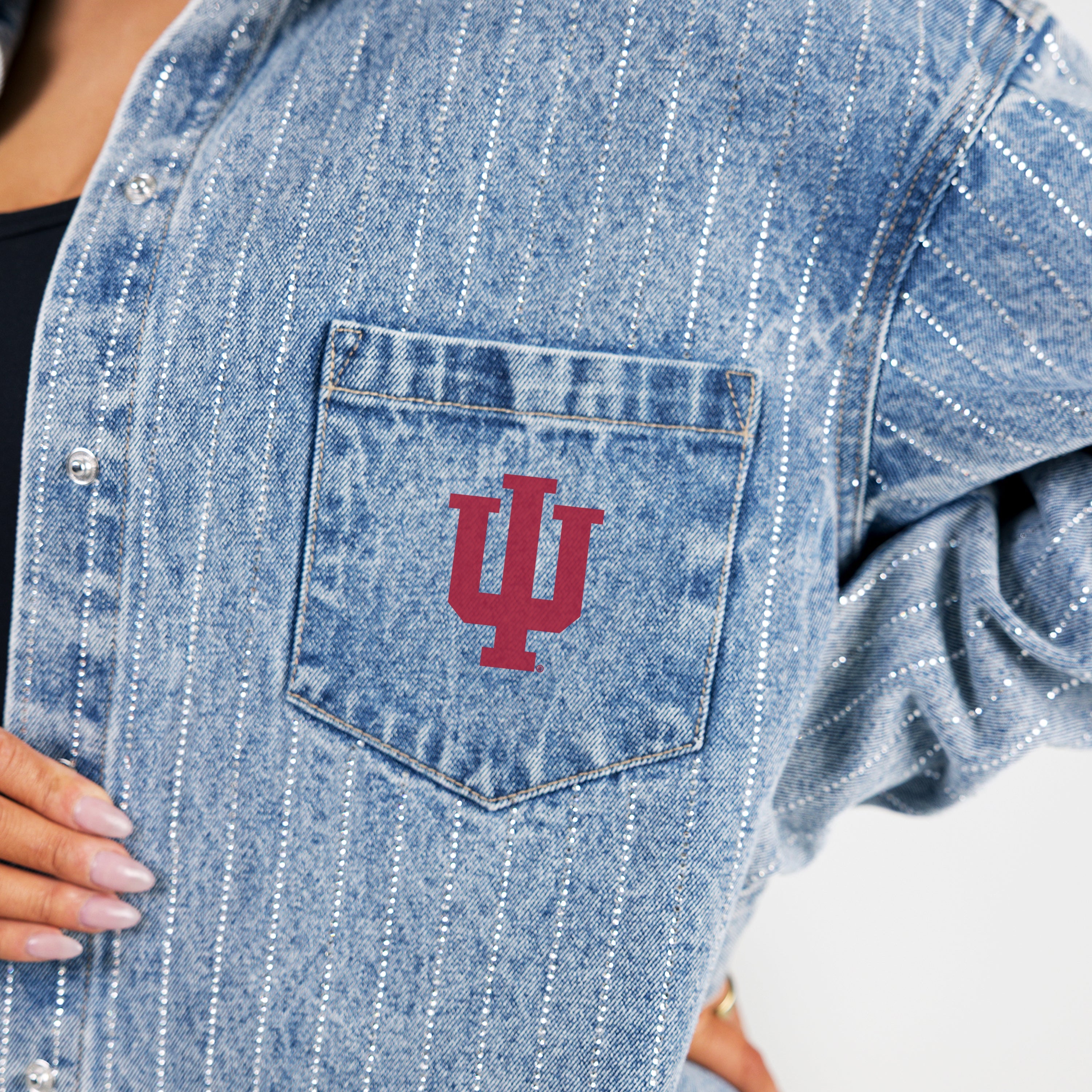INDIANA HOOSIERS STYLES THE LIMIT MICRO-RHINESTONE DENIM OVERSHIRT