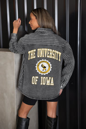 IOWA HAWKEYES STYLES THE LIMIT MICRO-RHINESTONE DENIM OVERSHIRT IN BLACK