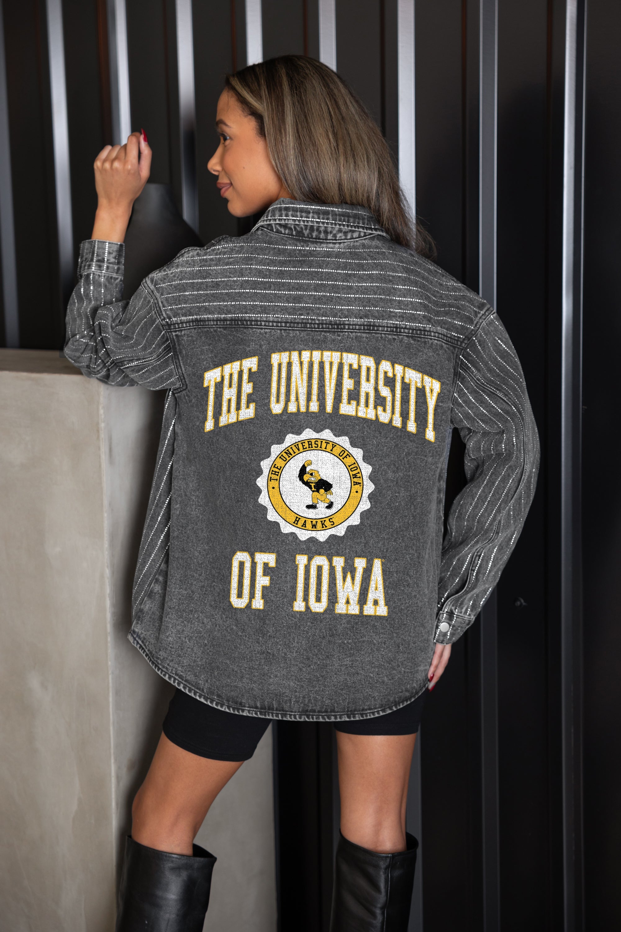 IOWA HAWKEYES STYLES THE LIMIT MICRO-RHINESTONE DENIM OVERSHIRT IN BLACK
