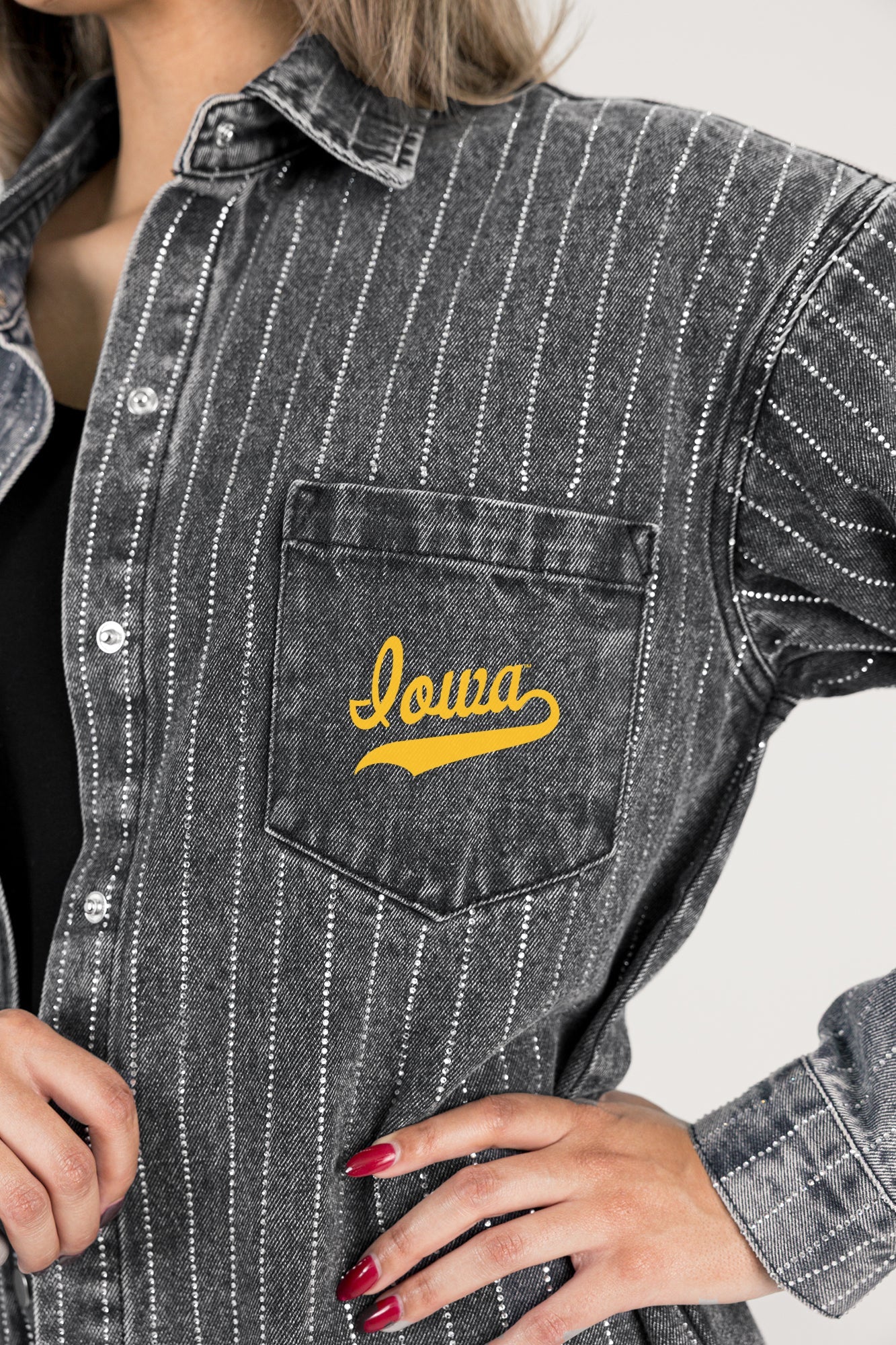 IOWA HAWKEYES STYLES THE LIMIT MICRO-RHINESTONE DENIM OVERSHIRT IN BLACK
