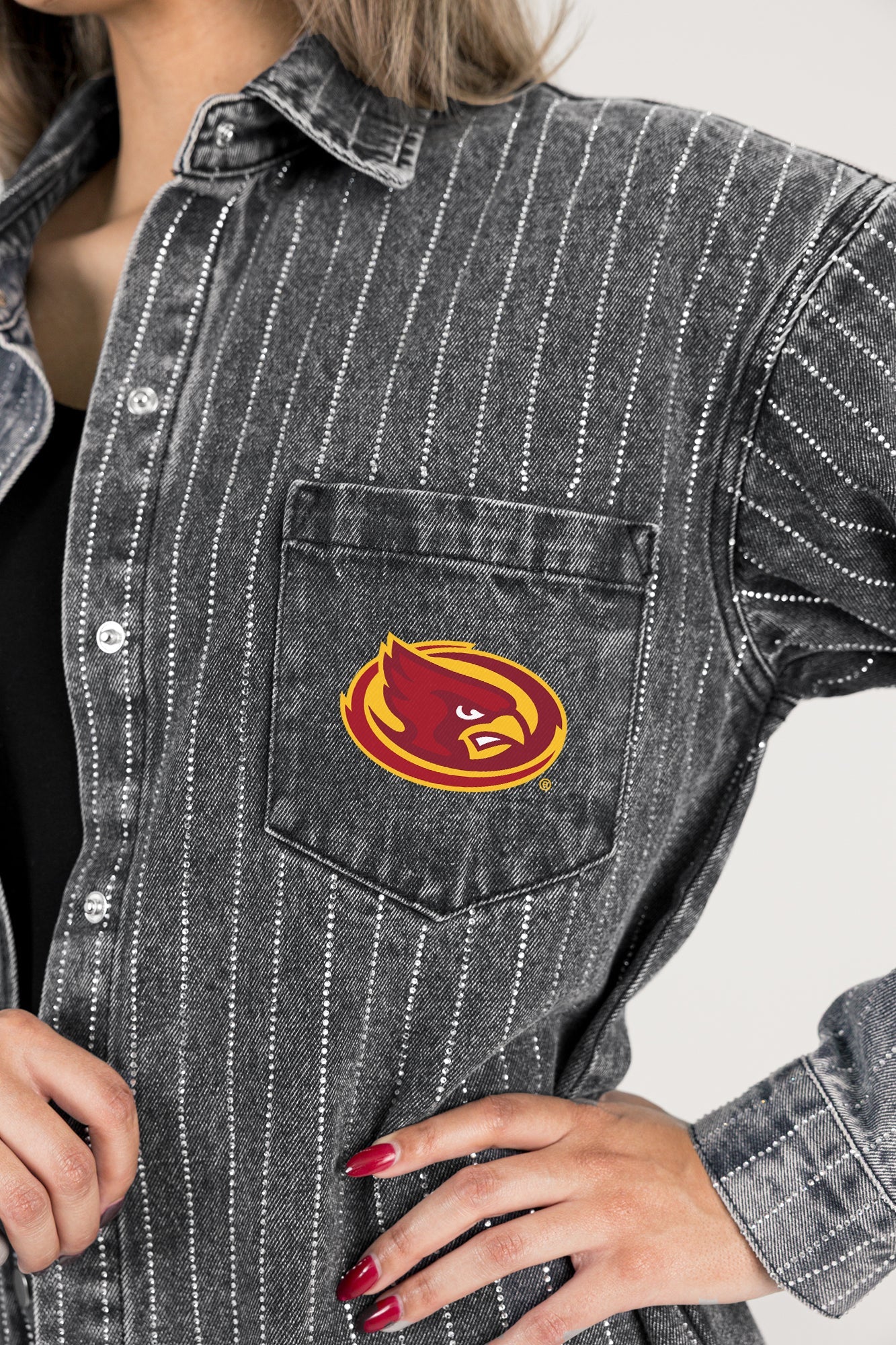 IOWA STATE CYCLONES STYLES THE LIMIT MICRO-RHINESTONE DENIM OVERSHIRT IN BLACK