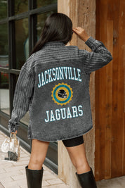 JACKSONVILLE JAGUARS STYLES THE LIMIT MICRO-RHINESTONE DENIM OVERSHIRT IN BLACK
