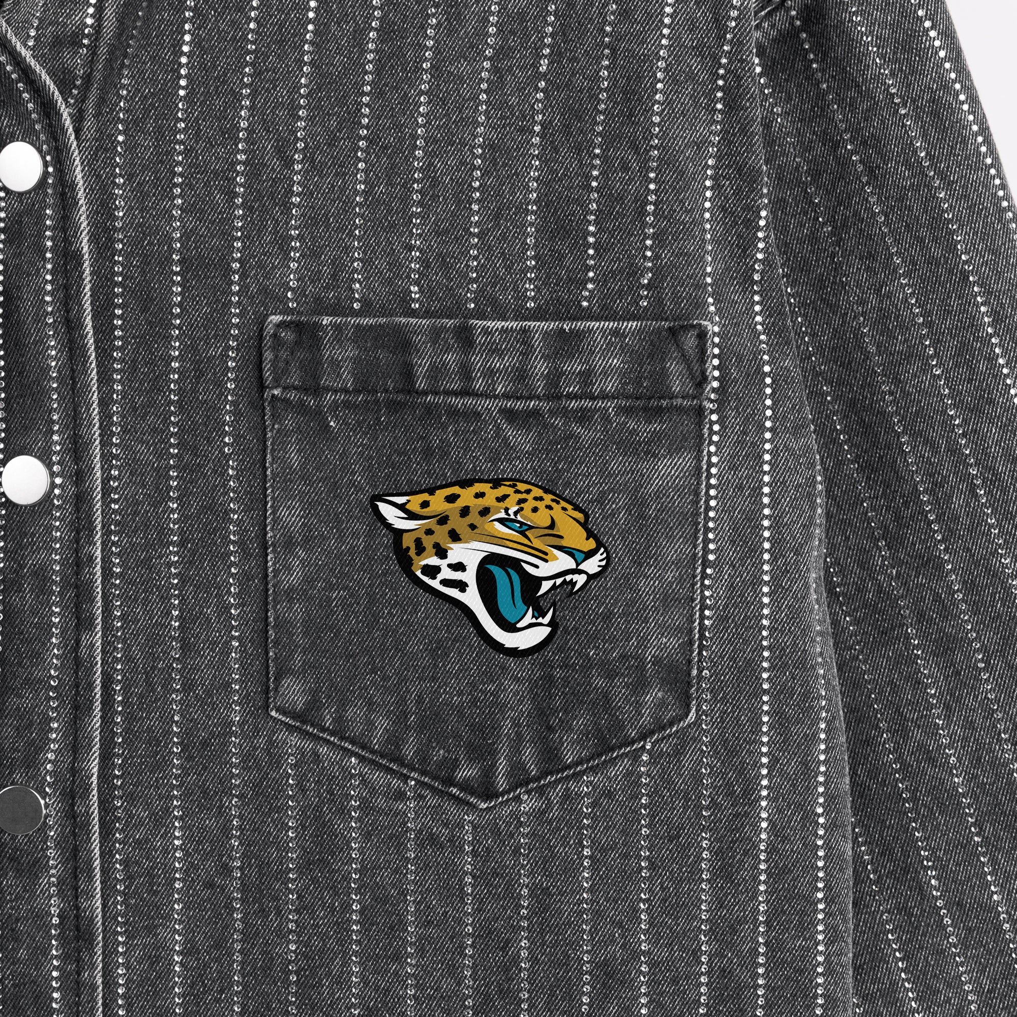 JACKSONVILLE JAGUARS STYLES THE LIMIT MICRO-RHINESTONE DENIM OVERSHIRT IN BLACK