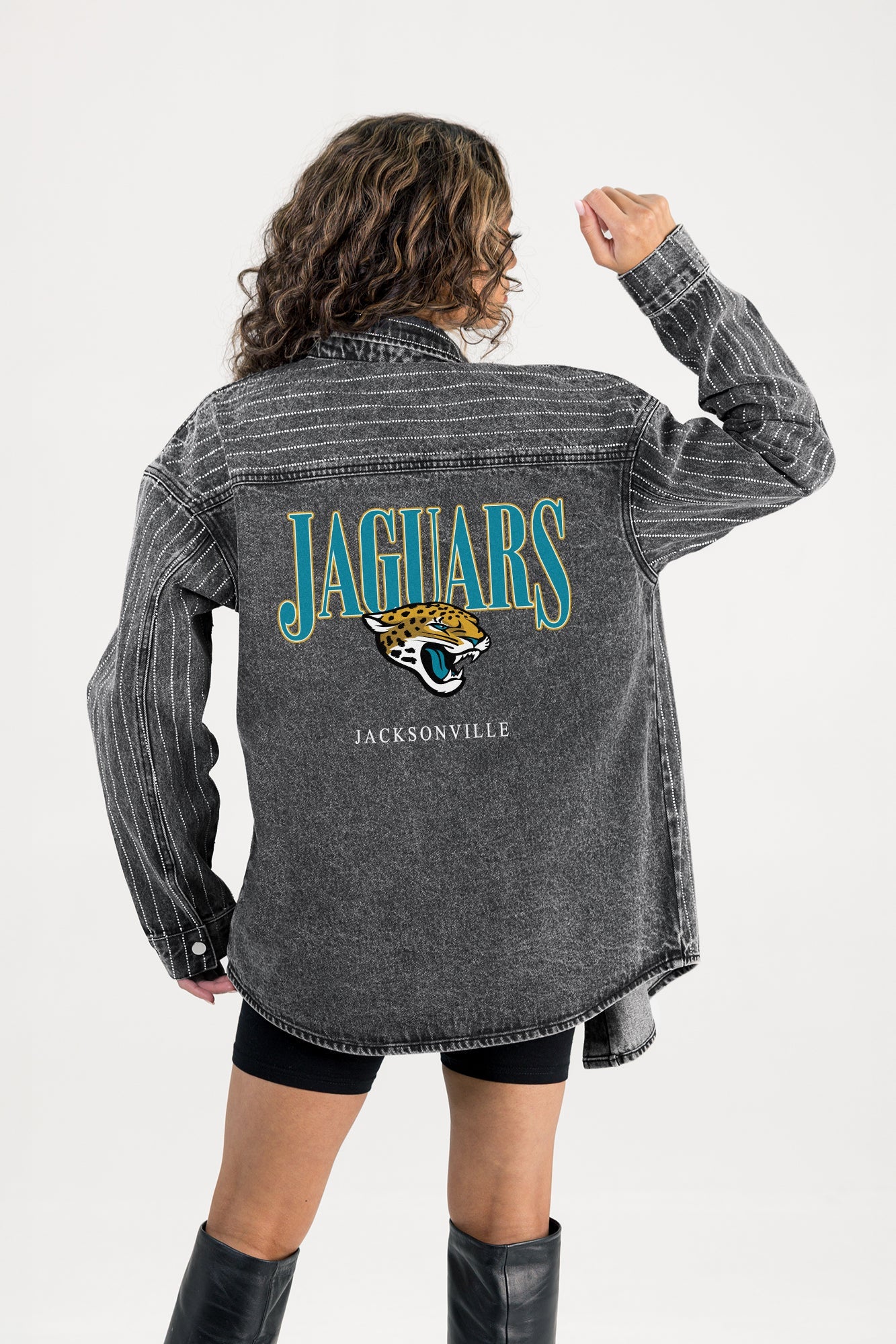 JACKSONVILLE JAGUARS END ZONE ENERGY MICRO-RHINESTONE OVERSHIRT BY RANDI MAHOMES