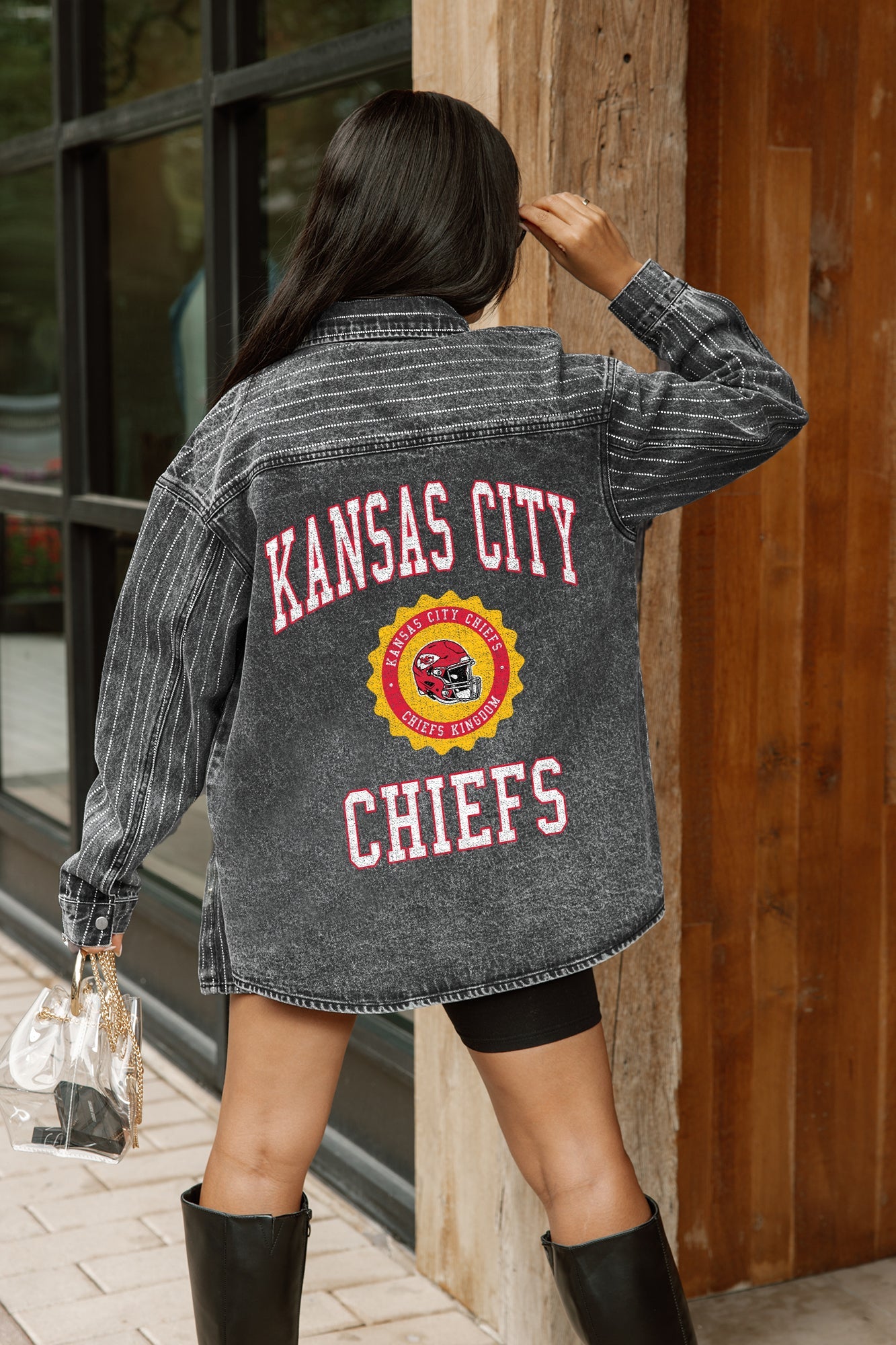 KANSAS CITY CHIEFS STYLES THE LIMIT MICRO-RHINESTONE DENIM OVERSHIRT IN BLACK