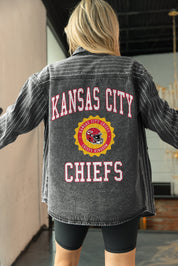 KANSAS CITY CHIEFS STYLES THE LIMIT MICRO-RHINESTONE DENIM OVERSHIRT IN BLACK