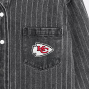 KANSAS CITY CHIEFS STYLES THE LIMIT MICRO-RHINESTONE DENIM OVERSHIRT IN BLACK