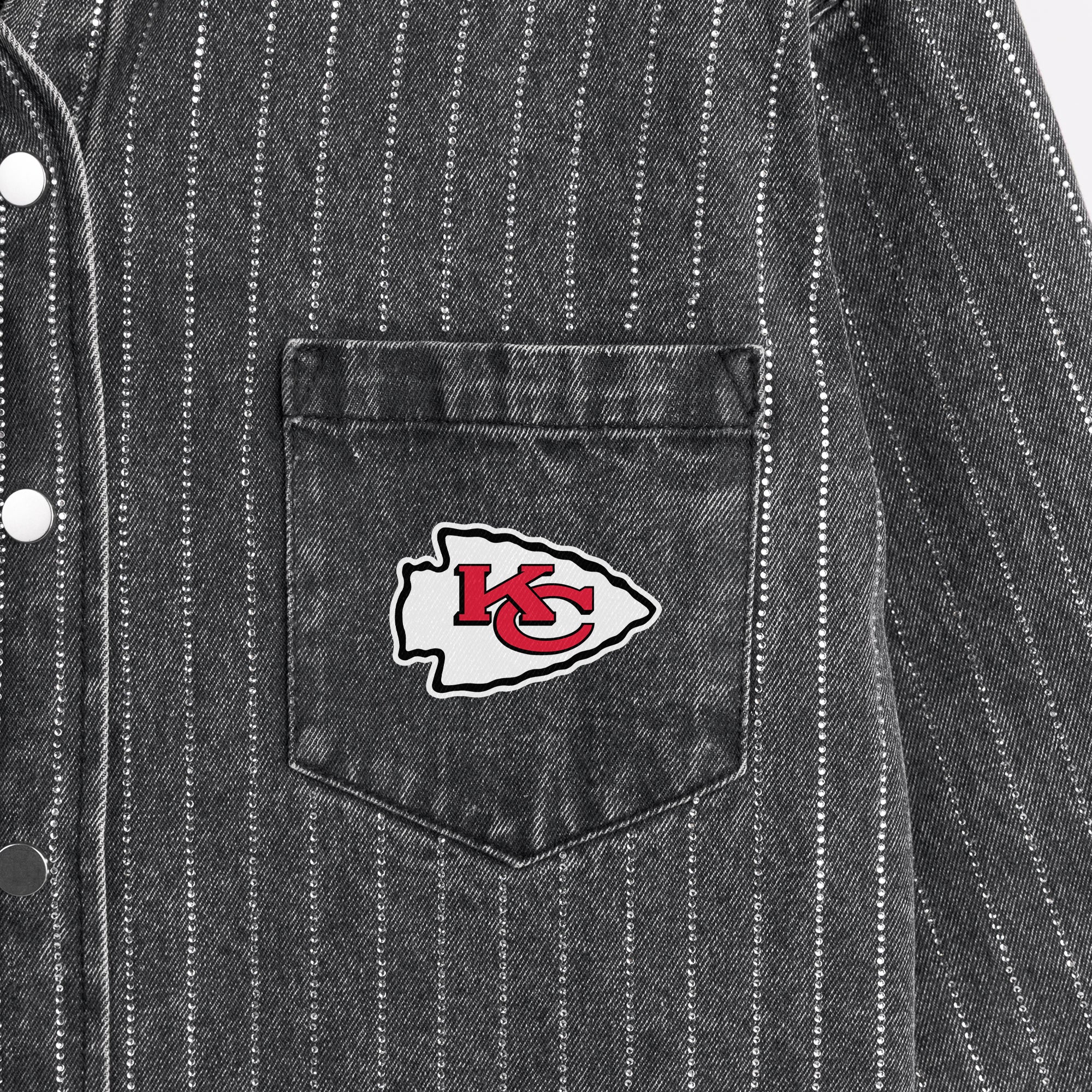 KANSAS CITY CHIEFS STYLES THE LIMIT MICRO-RHINESTONE DENIM OVERSHIRT IN BLACK