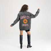 KANSAS CITY CHIEFS STYLES THE LIMIT MICRO-RHINESTONE DENIM OVERSHIRT IN BLACK