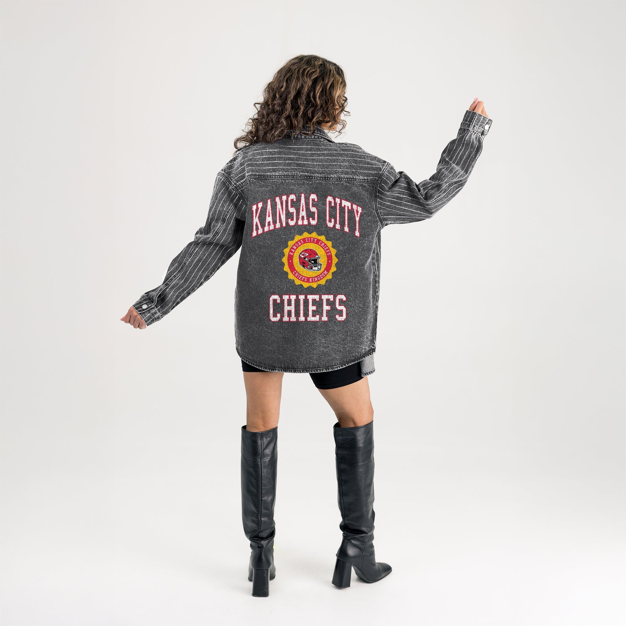 KANSAS CITY CHIEFS STYLES THE LIMIT MICRO-RHINESTONE DENIM OVERSHIRT IN BLACK