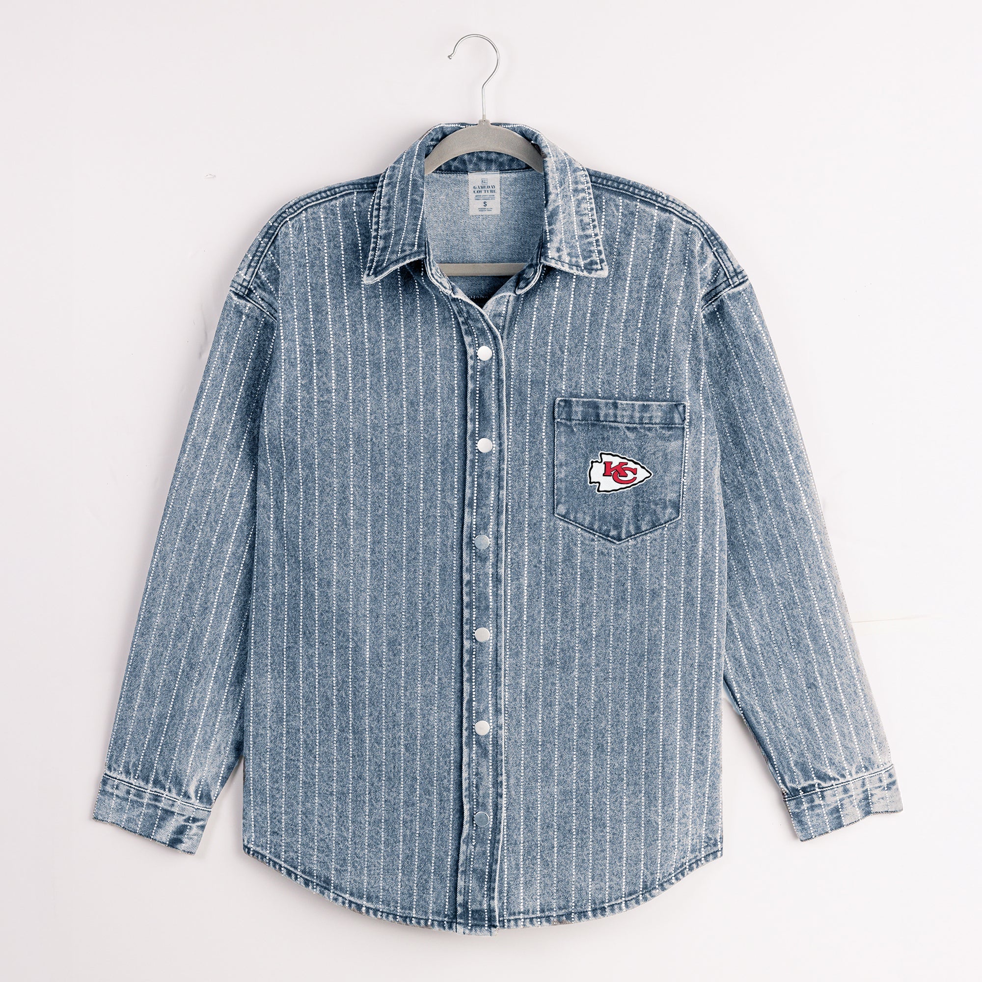 KANSAS CITY CHIEFS STYLES THE LIMIT MICRO-RHINESTONE DENIM OVERSHIRT