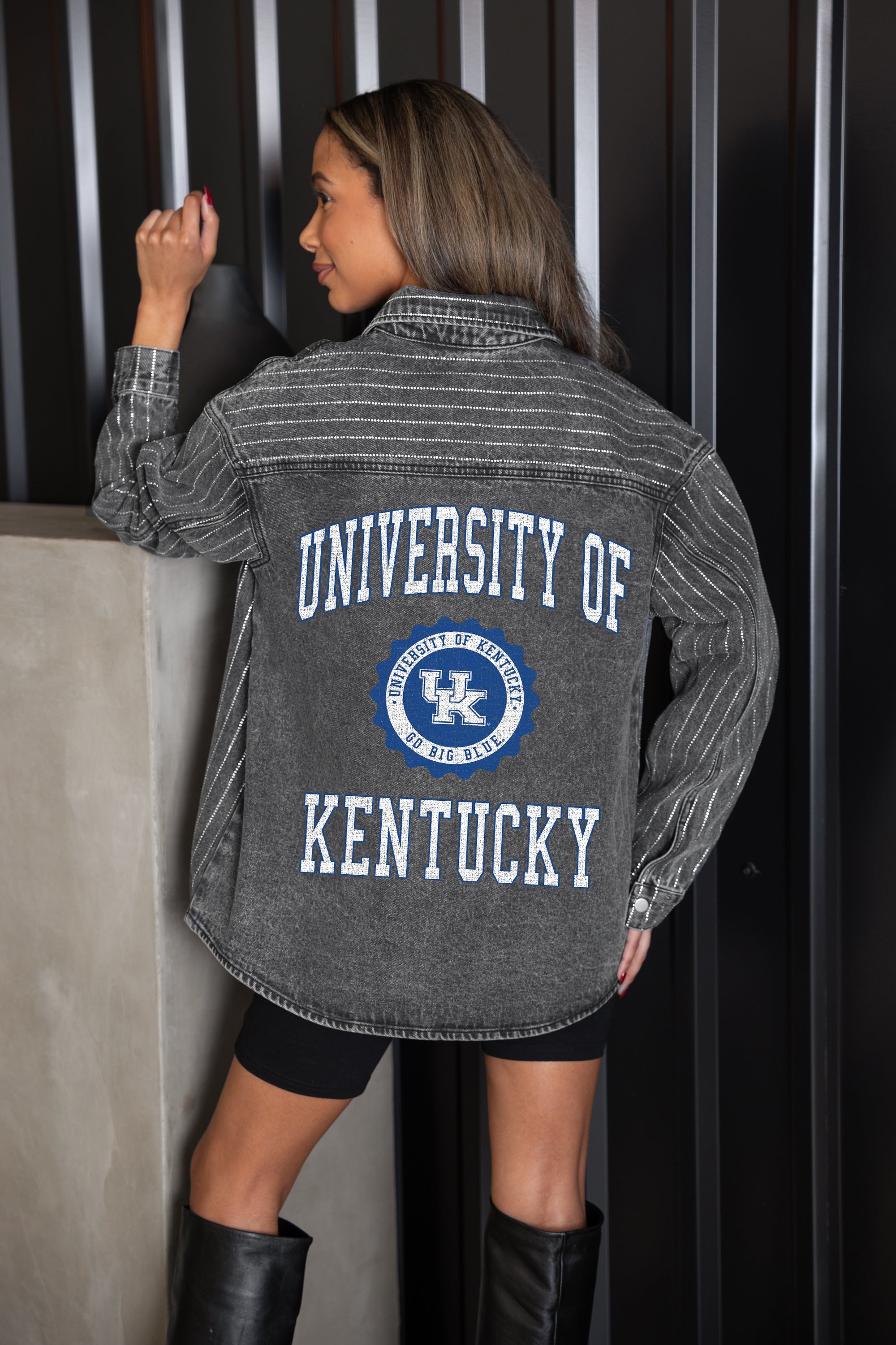 KENTUCKY WILDCATS STYLES THE LIMIT MICRO-RHINESTONE DENIM OVERSHIRT IN BLACK