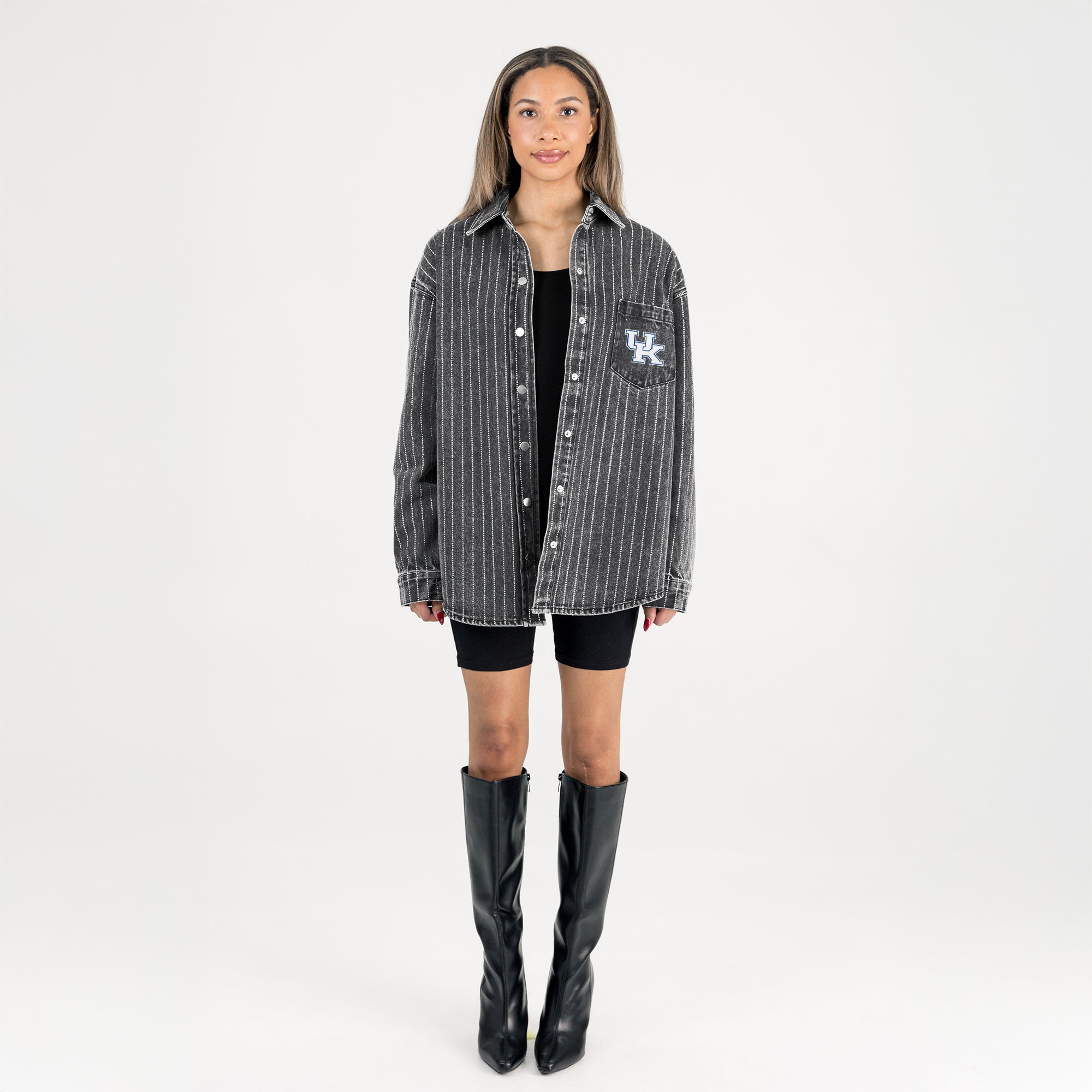 KENTUCKY WILDCATS STYLES THE LIMIT MICRO-RHINESTONE DENIM OVERSHIRT IN BLACK