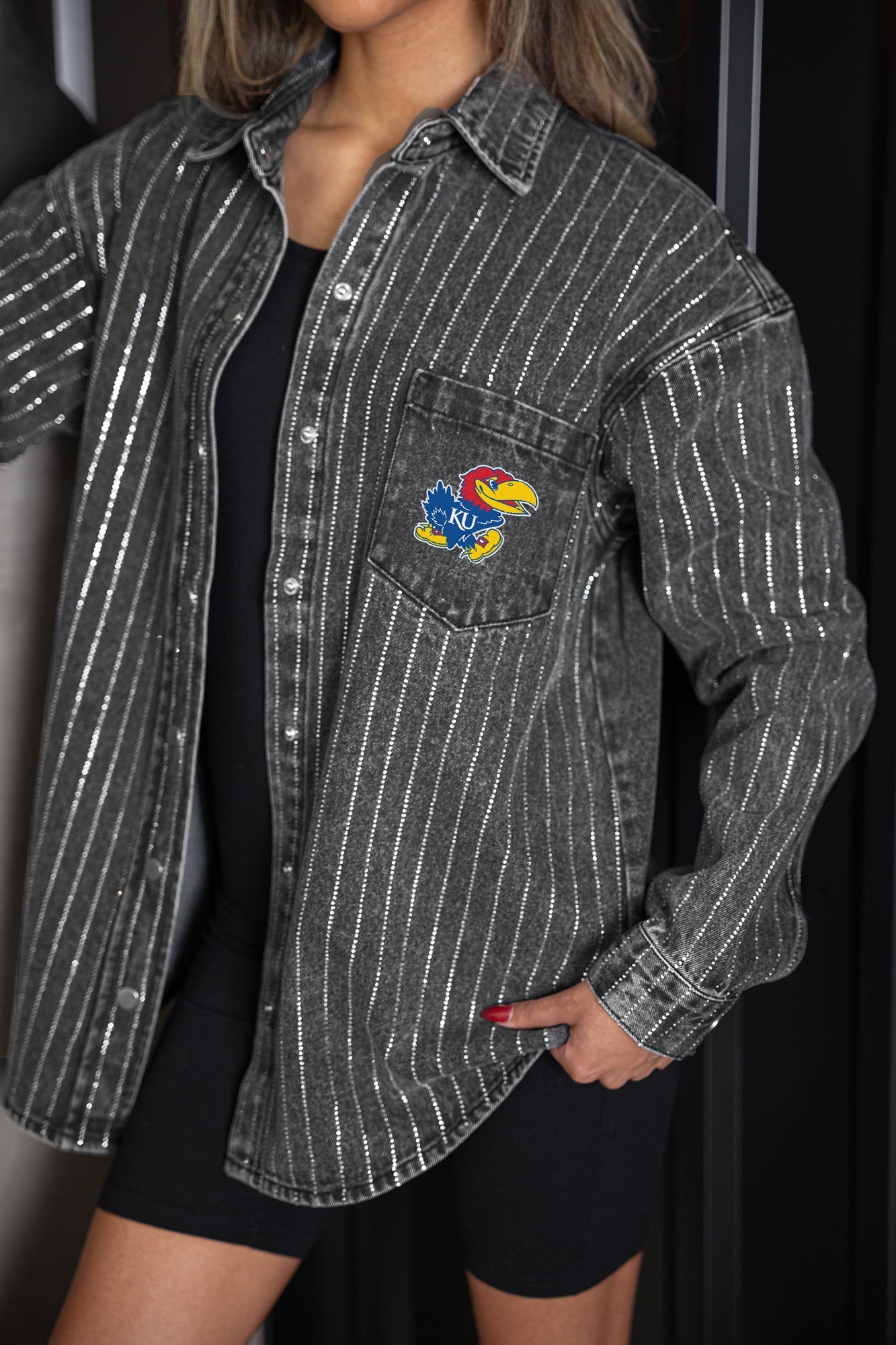 KANSAS JAYHAWKS STYLES THE LIMIT MICRO-RHINESTONE DENIM OVERSHIRT IN BLACK