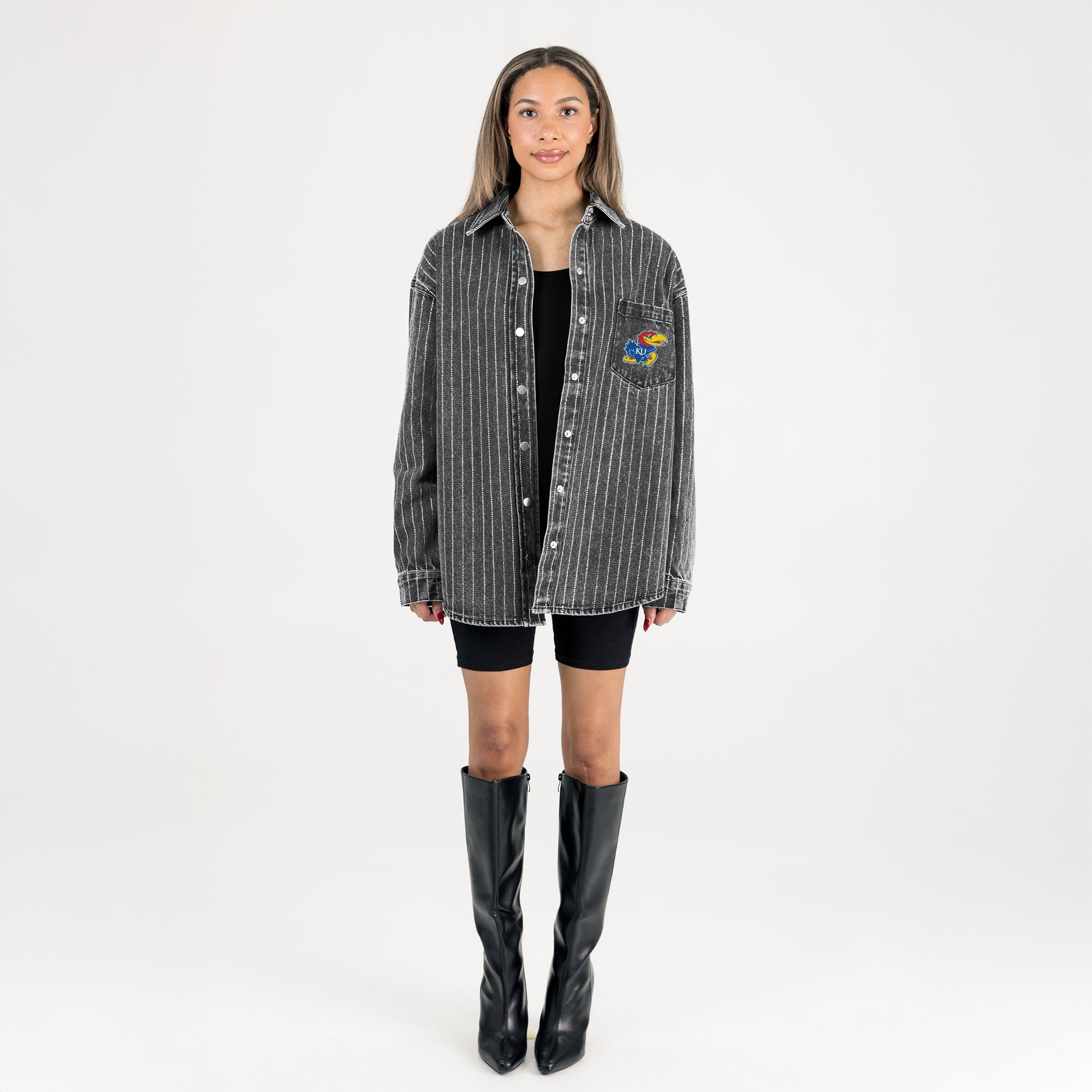 KANSAS JAYHAWKS STYLES THE LIMIT MICRO-RHINESTONE DENIM OVERSHIRT IN BLACK