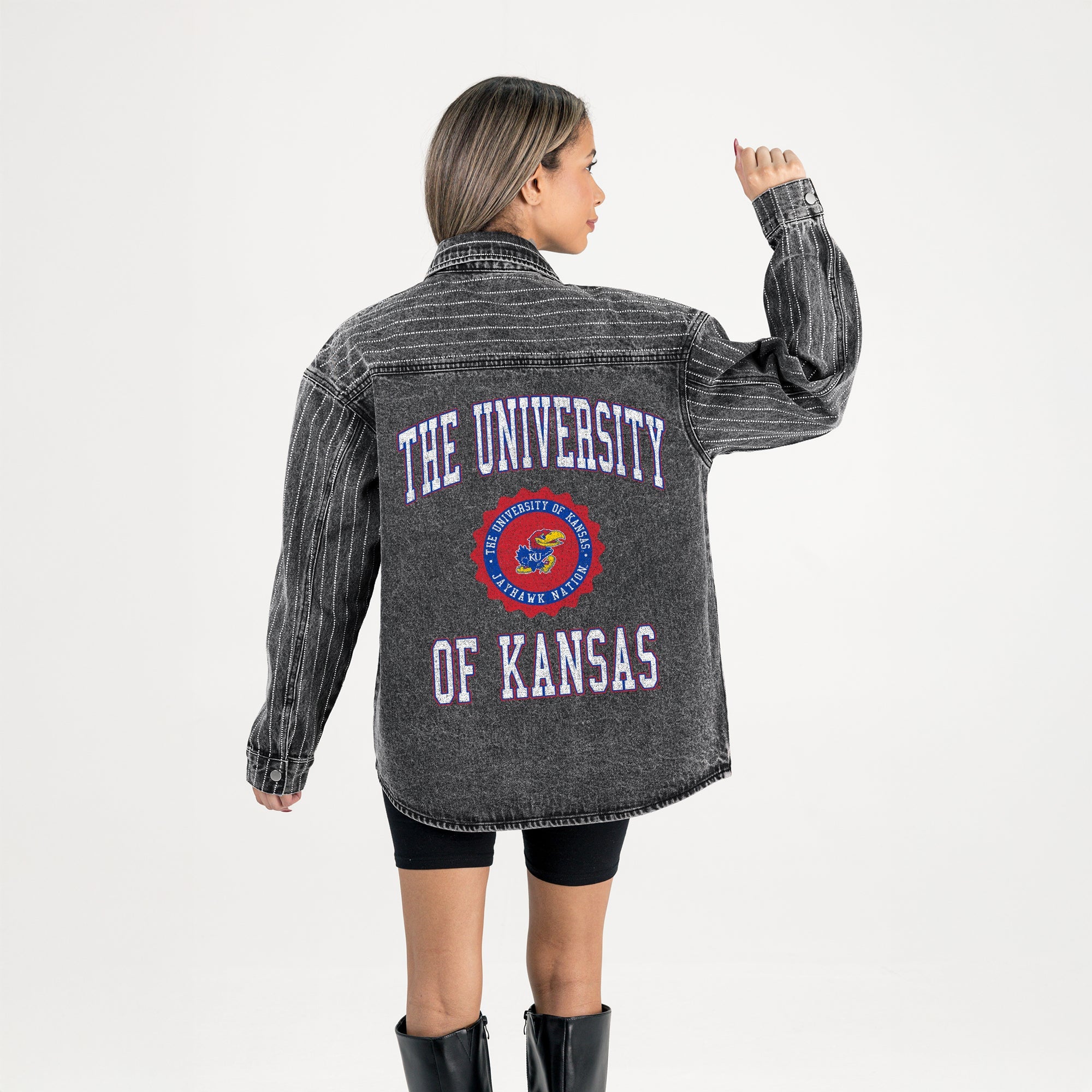 KANSAS JAYHAWKS STYLES THE LIMIT MICRO-RHINESTONE DENIM OVERSHIRT IN BLACK