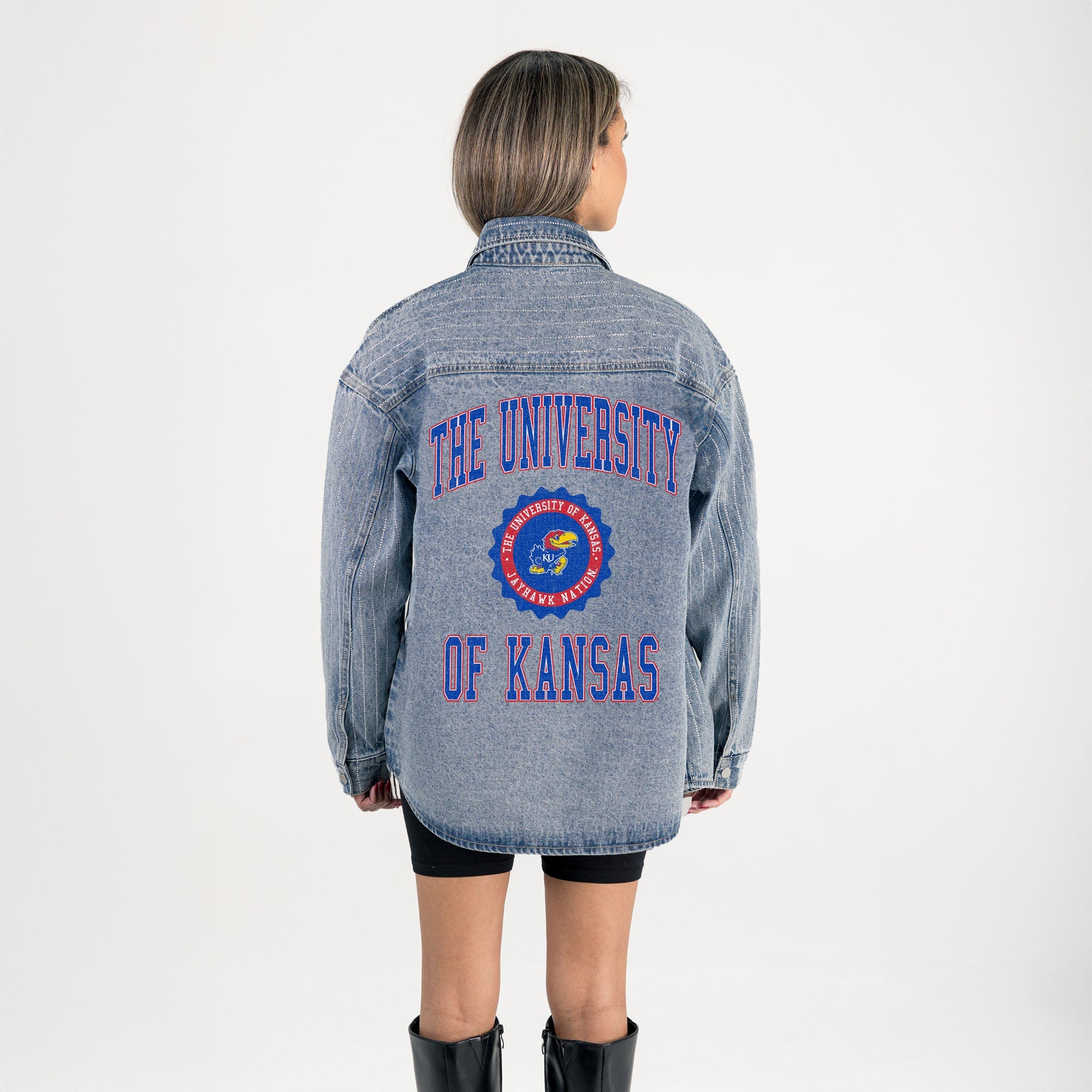 KANSAS JAYHAWKS STYLES THE LIMIT MICRO-RHINESTONE DENIM OVERSHIRT