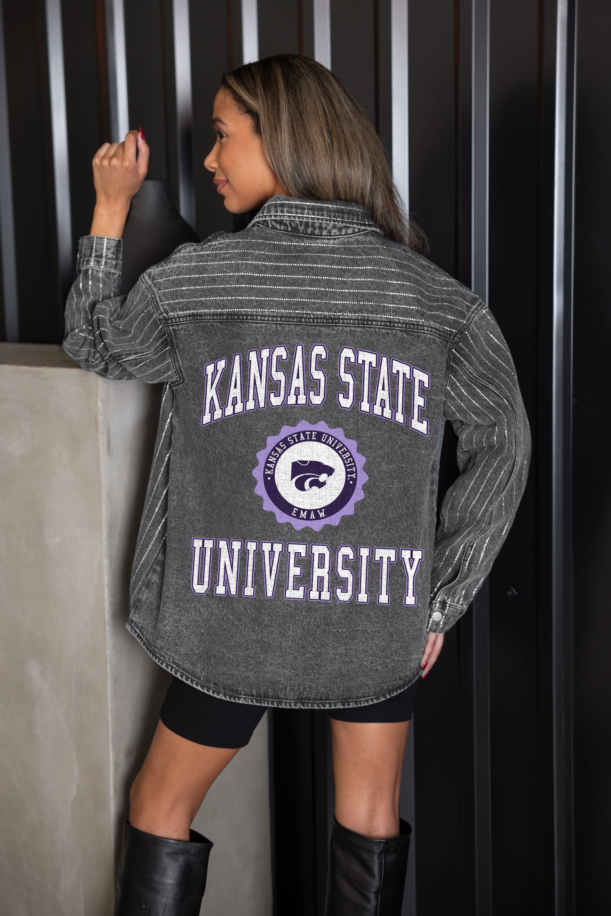 KANSAS STATE WILDCATS STYLES THE LIMIT MICRO-RHINESTONE DENIM OVERSHIRT IN BLACK