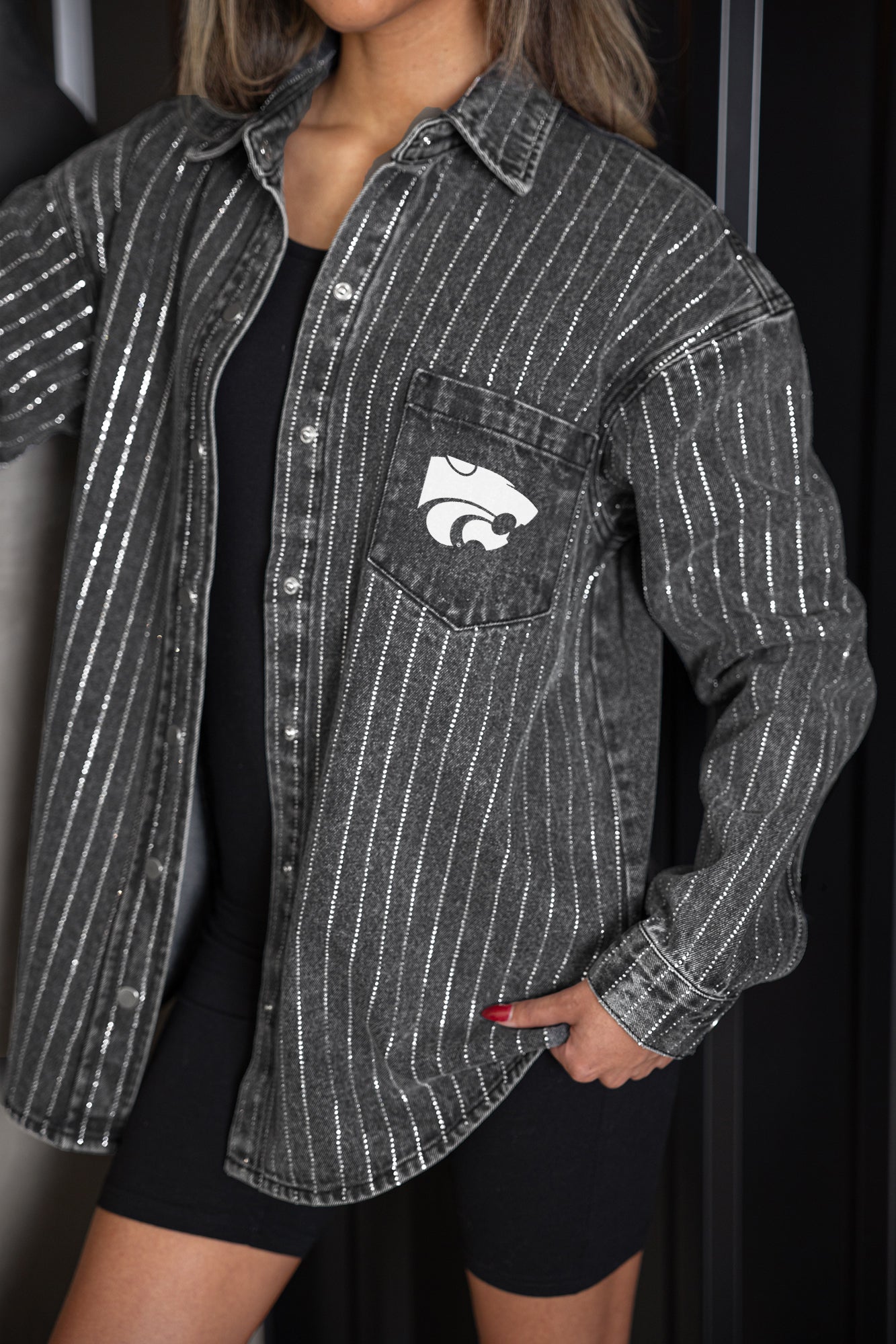 KANSAS STATE WILDCATS STYLES THE LIMIT MICRO-RHINESTONE DENIM OVERSHIRT IN BLACK