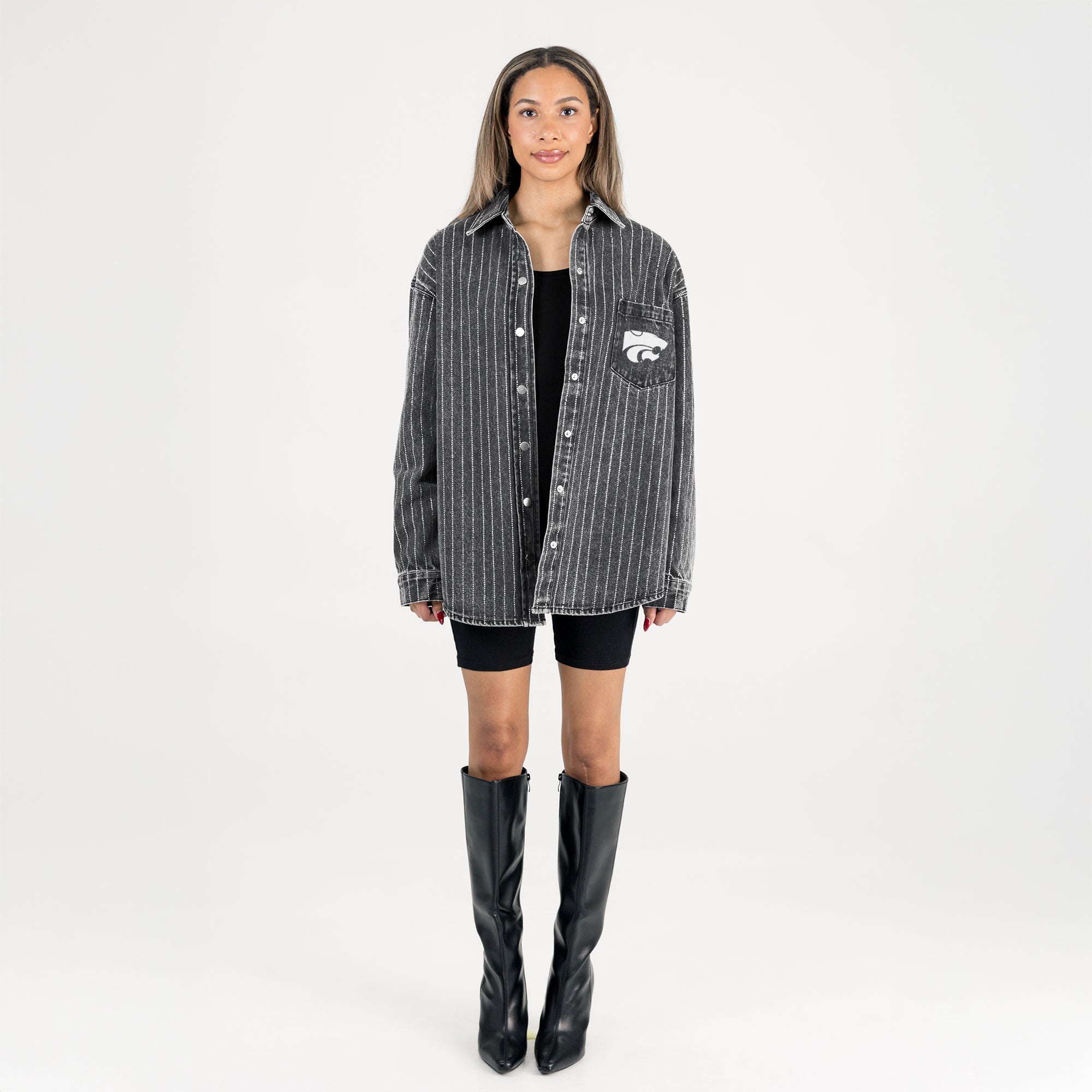 KANSAS STATE WILDCATS STYLES THE LIMIT MICRO-RHINESTONE DENIM OVERSHIRT IN BLACK
