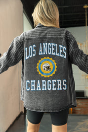 LOS ANGELES CHARGERS STYLES THE LIMIT MICRO-RHINESTONE DENIM OVERSHIRT IN BLACK