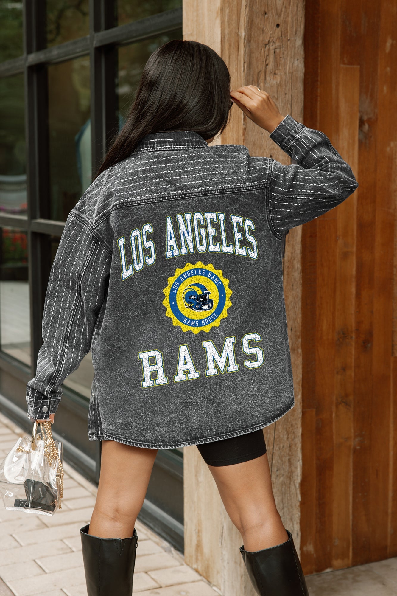 LOS ANGELES RAMS STYLES THE LIMIT MICRO-RHINESTONE DENIM OVERSHIRT IN BLACK