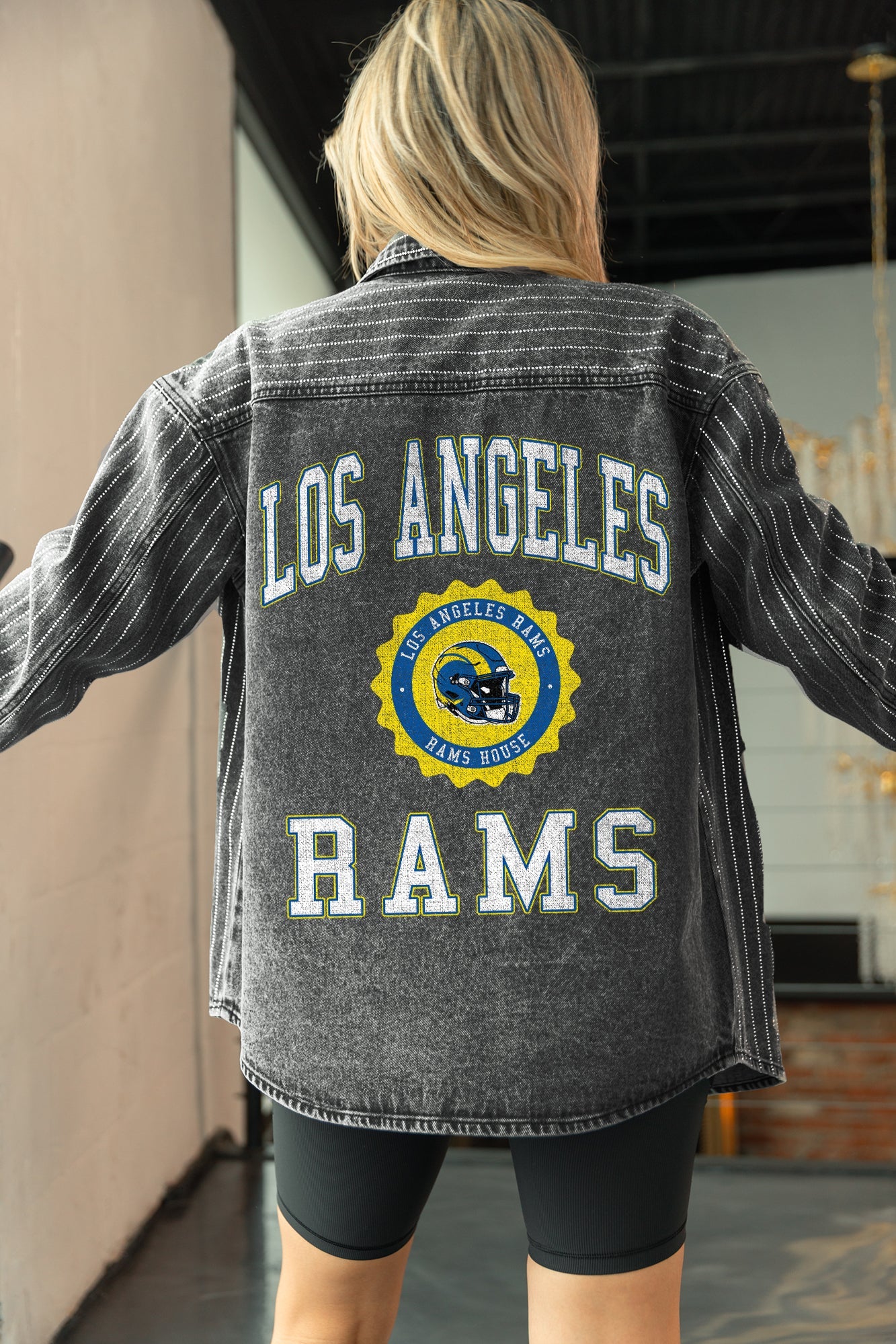 LOS ANGELES RAMS STYLES THE LIMIT MICRO-RHINESTONE DENIM OVERSHIRT IN BLACK
